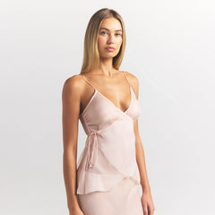 SKIMS ROMANCE WRAP CAMI TOP | PRIMROSE ON A MODEL SIDE VIEW @ | FOCUS: 0.0, 1.0, 0.9