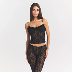 STRETCH LACE RUFFLE CAMI | SOOT ON A MODEL FRONT VIEW @ | FOCUS: 0.0, 1.0, 0.9