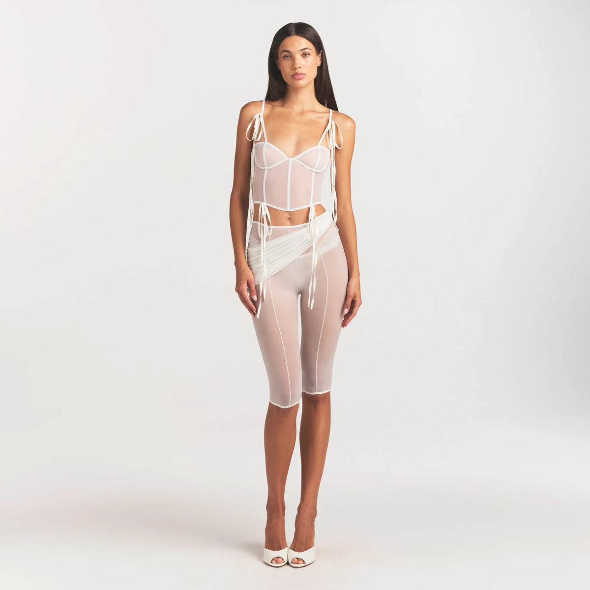 ULTRA FINE MESH BOW CORSET | IVORY ON A MODEL FRONT VIEW @ | FOCUS: 0.0, 1.0, 0.9