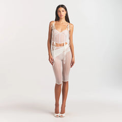 ULTRA FINE MESH BOW CORSET | IVORY ON A MODEL FRONT VIEW @ | FOCUS: 0.0, 1.0, 0.9