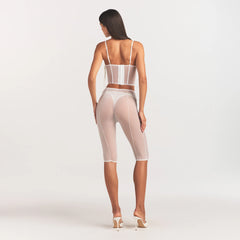 ULTRA FINE MESH BOW CORSET | IVORY ON A MODEL FRONT VIEW @ | FOCUS: 0.0, 1.0, 0.9