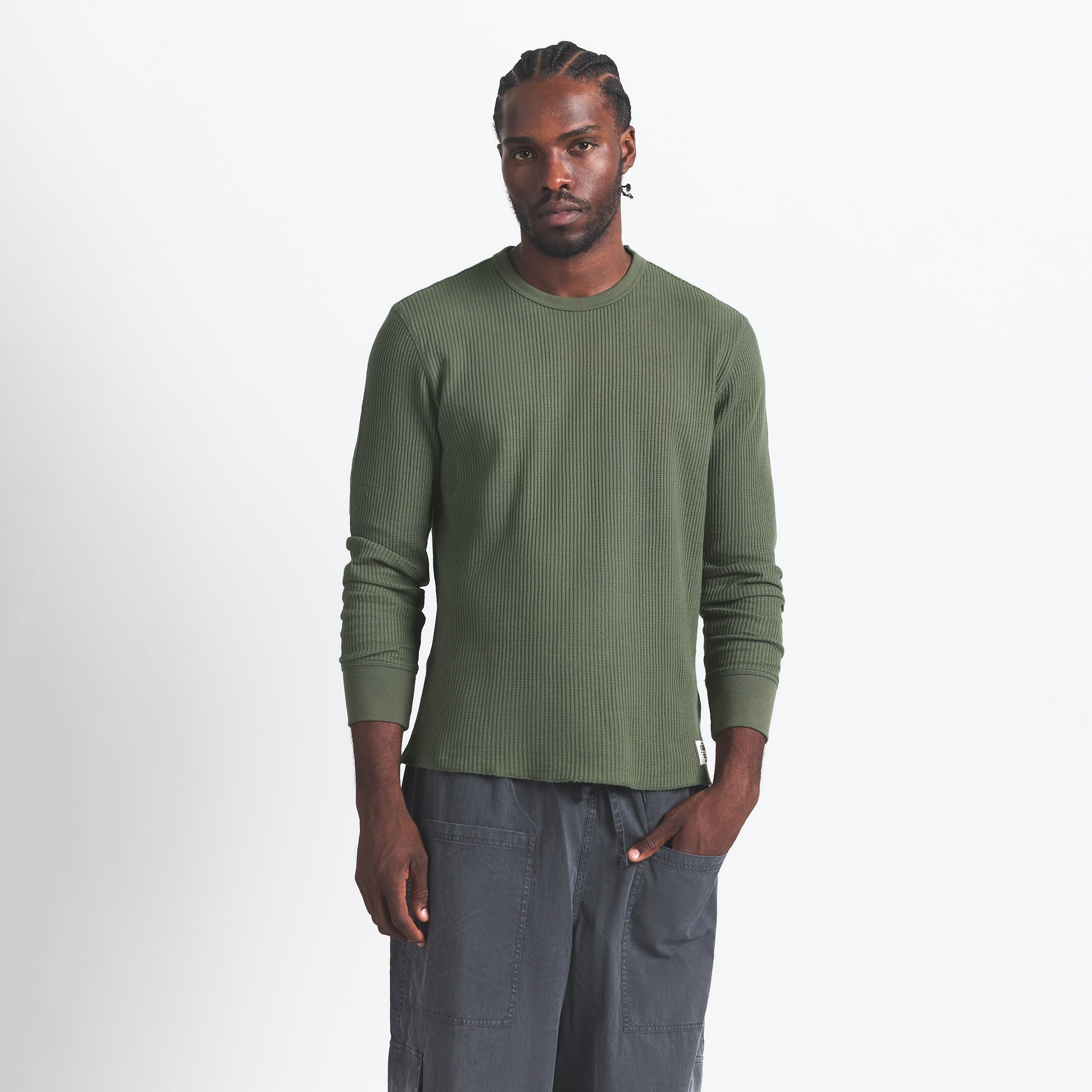 WAFFLE MENS LONG SLEEVE TOP | MILITARY GREEN ON A MODEL FRONT VIEW @ | FOCUS: 0.0, 1.0, 0.9