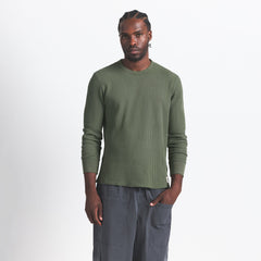 WAFFLE MENS LONG SLEEVE TOP | MILITARY GREEN ON A MODEL FRONT VIEW @ | FOCUS: 0.0, 1.0, 0.9