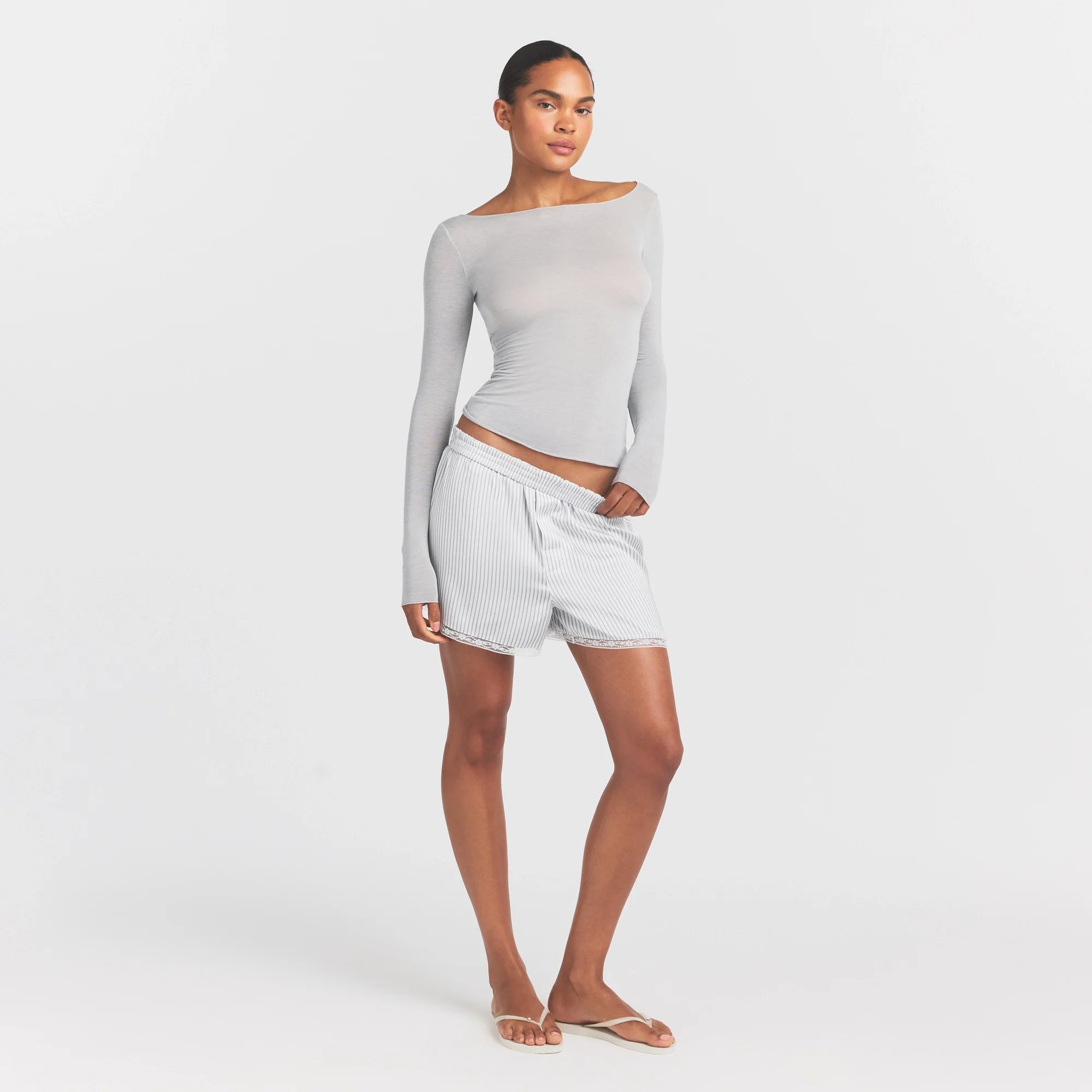 SHEER MODAL LONG SLEEVE BOATNECK TOP | HEATHER GREY ON A MODEL FRONT VIEW