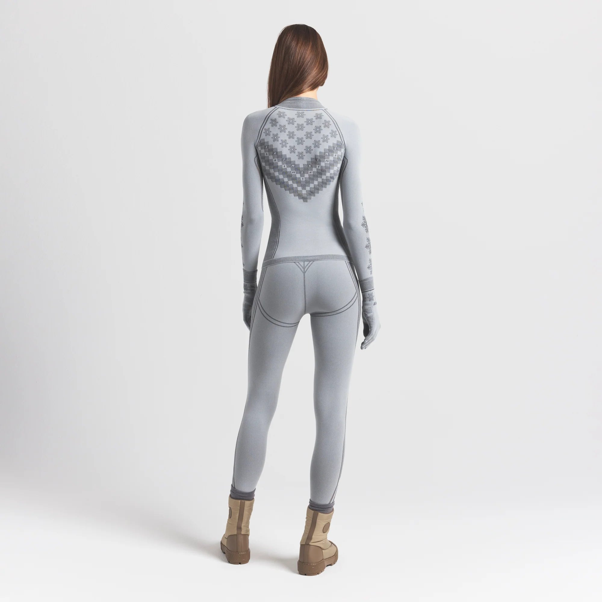 SKIMS FIRST LAYERS HALF ZIP LONG SLEEVE | MIRROR WINTER FAIR ISLE ON A MODEL SIDE VIEW @ | FOCUS: 0.0, 1.0, 0.9
