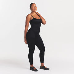 NikeSKIMS SATIN SHINE CAMI 26" ONE PIECE | OBSIDIAN ON A MODEL FRONT VIEW