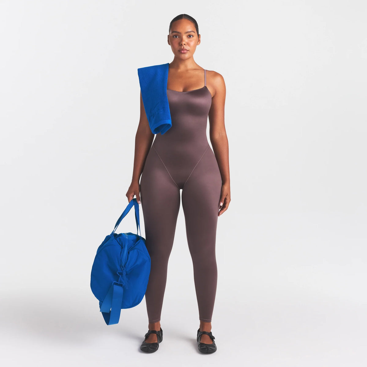 NikeSKIMS SATIN SHINE CAMI 26" ONE PIECE | RESIN ON A MODEL FRONT VIEW