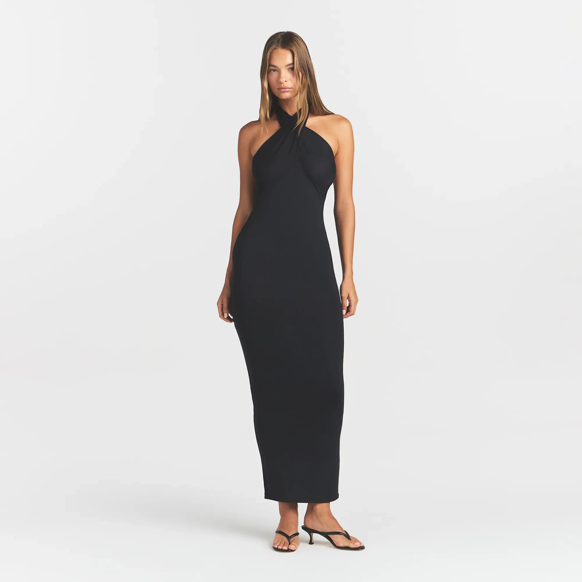 SMOOTH LAYERS CONVERTIBLE LONG DRESS | OBSIDIAN ON A MODEL FRONT VIEW @ | FOCUS: 0.0, 1.0, 0.9