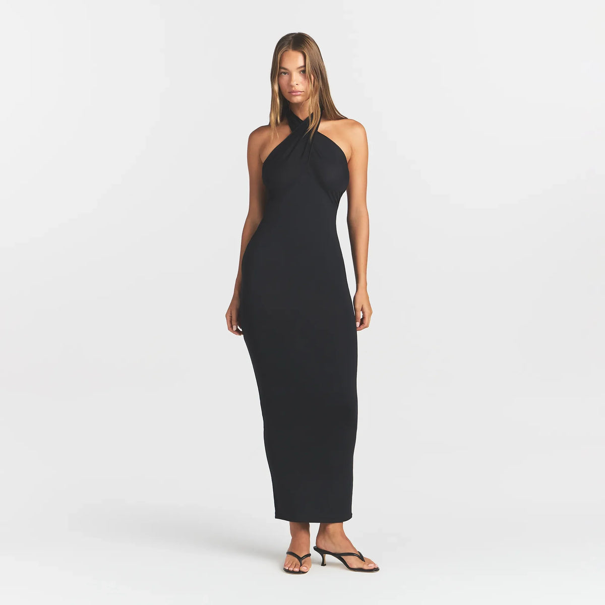 SMOOTH LAYERS CONVERTIBLE LONG DRESS | OBSIDIAN ON A MODEL FRONT VIEW @ | FOCUS: 0.0, 1.0, 0.9
