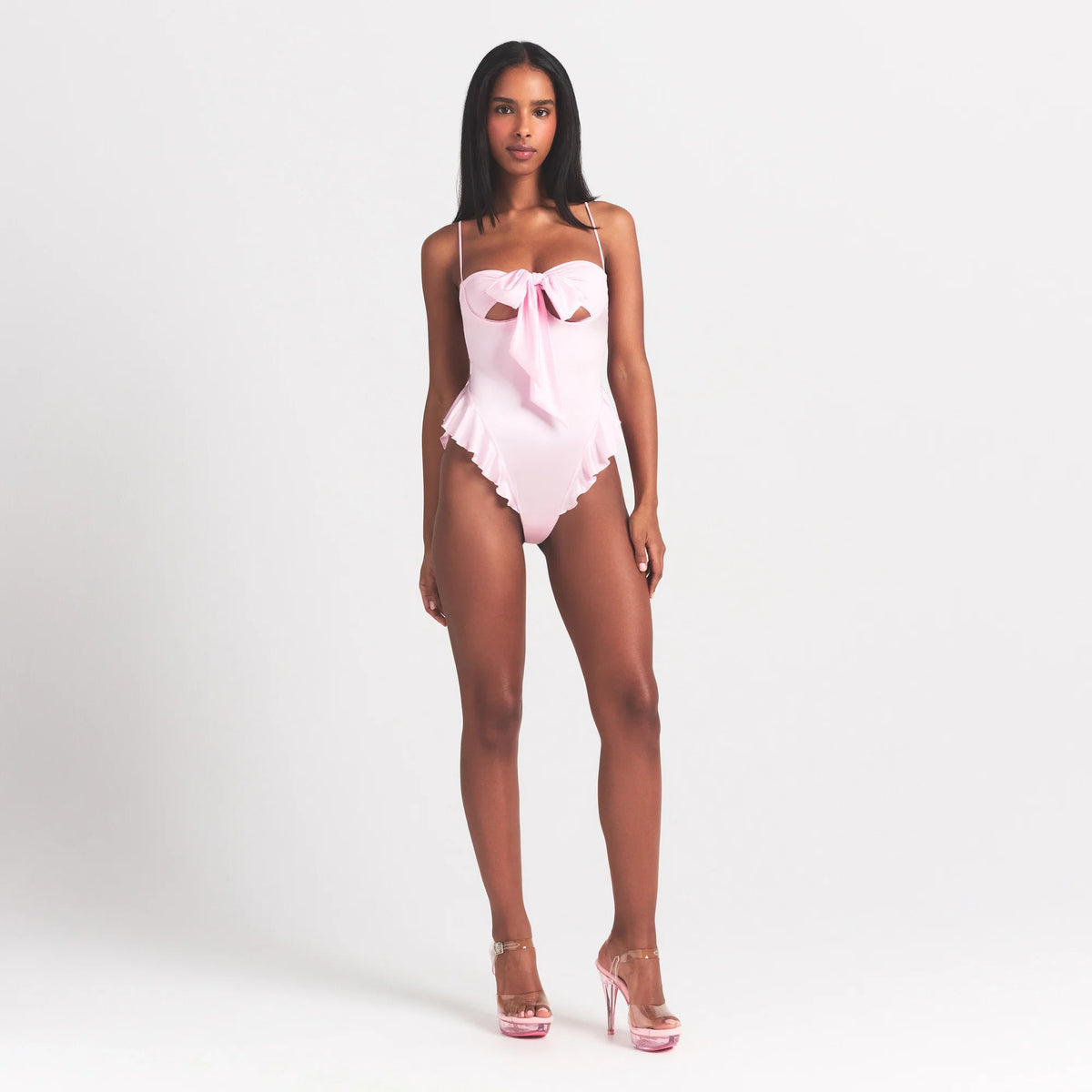STRETCH SATIN TIE FRONT TEDDY | HALITE ON A MODEL FRONT VIEW @ | FOCUS: 0.0, 1.0, 0.9