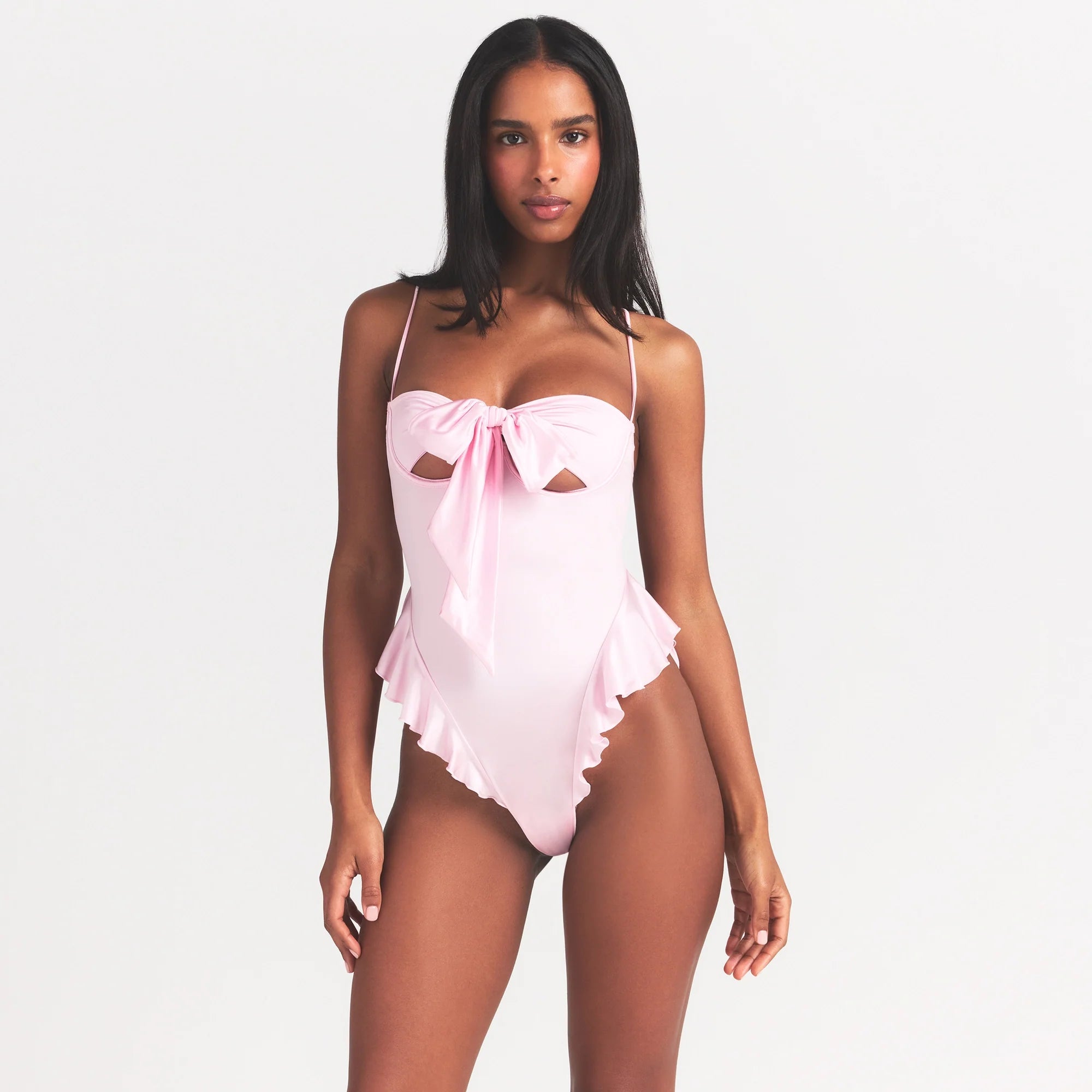 STRETCH SATIN TIE FRONT TEDDY | HALITE ON A MODEL SIDE VIEW @ | FOCUS: 0.0, 1.0, 0.9