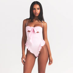 STRETCH SATIN TIE FRONT TEDDY | HALITE ON A MODEL SIDE VIEW @ | FOCUS: 0.0, 1.0, 0.9