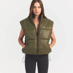 LIGHTWEIGHT PUFFER OVERSIZED VEST | OLIVE ON A MODEL FRONTVIEW @ | FOCUS: 0.0, 1.0, 0.9