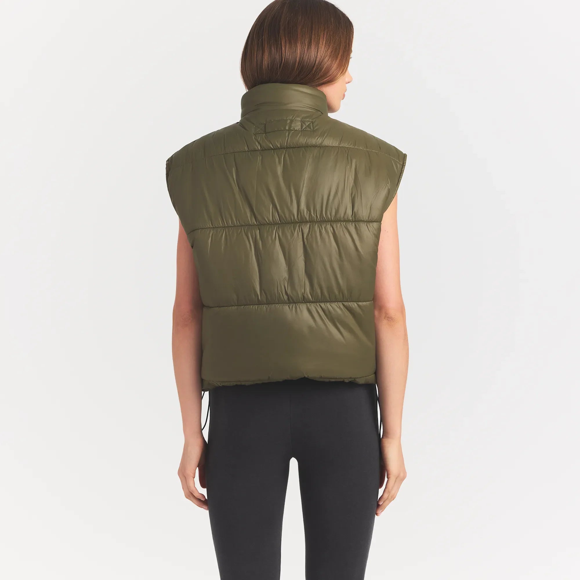 LIGHTWEIGHT PUFFER OVERSIZED VEST | OLIVE ON A MODEL BACKVIEW @ | FOCUS: 0.0, 1.0, 0.9