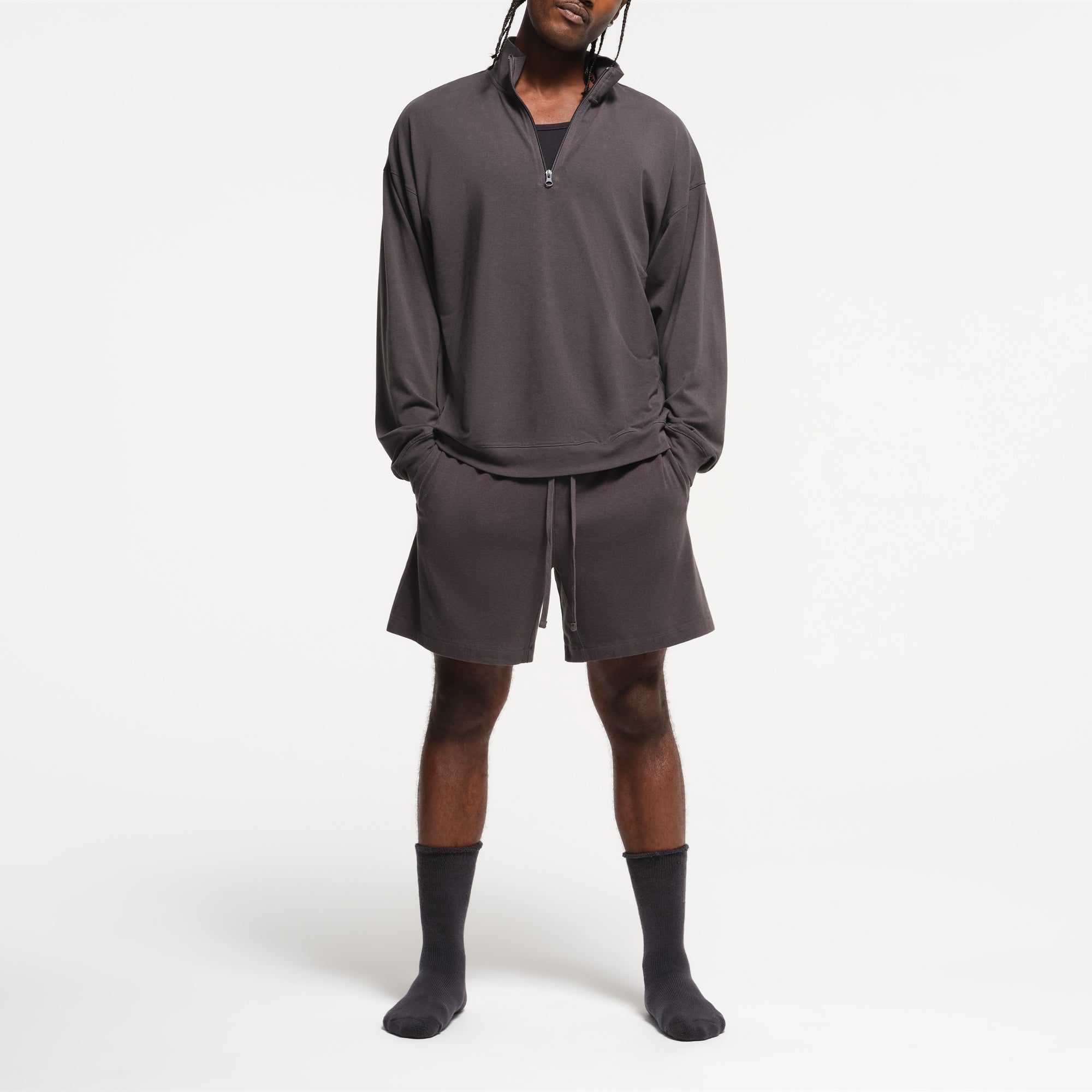 JERSEY LOUNGE MENS RELAXED QUARTER ZIP PULLOVER | ASH ON A MODEL FRONT VIEW | FOCUS: 0.0, 1.0, 0.9