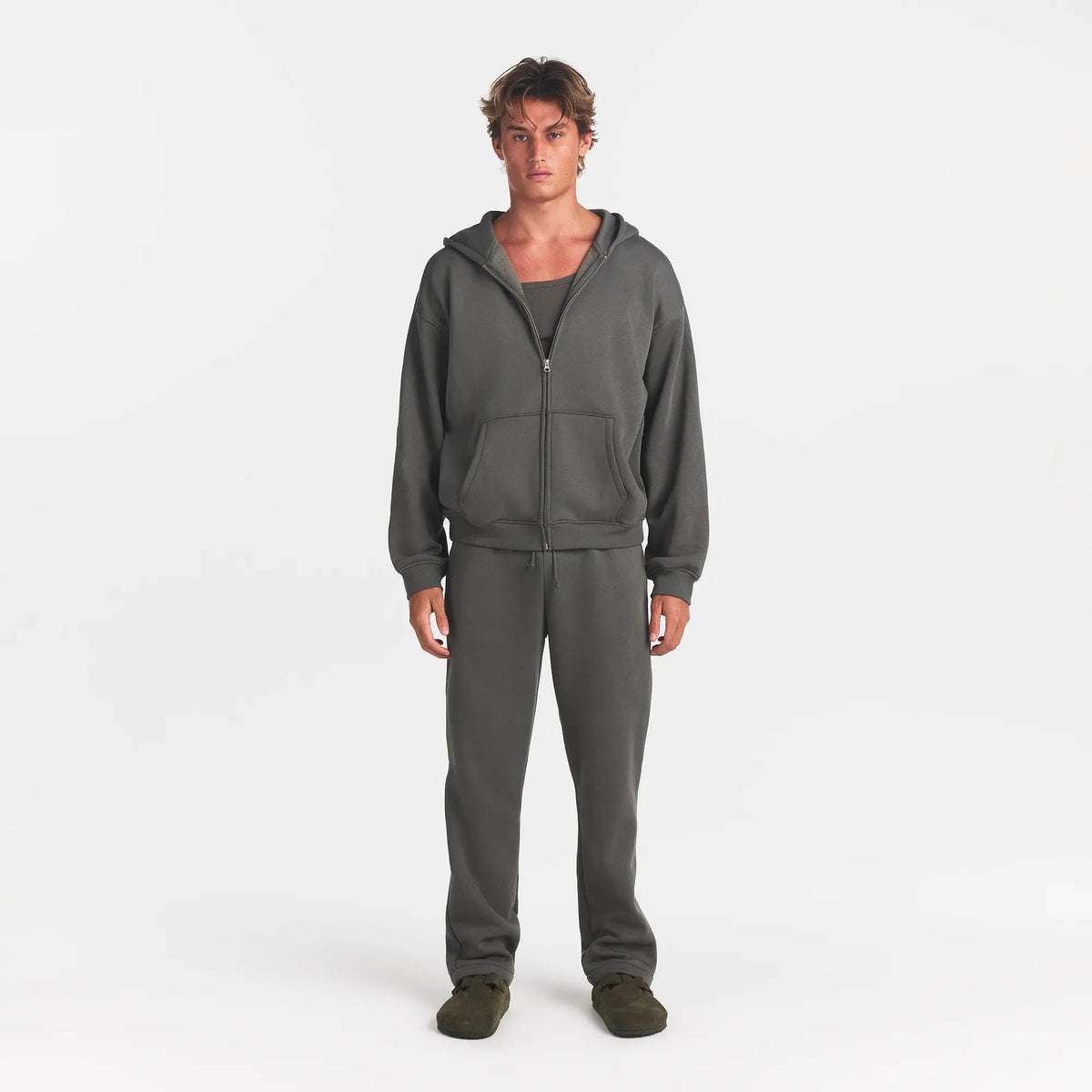 FLEECE LOUNGE MENS RELAXED ZIP UP HOODIE | JUNGLE ON A MODEL FRONT VIEW @ | FOCUS: 0.0, 1.0, 0.9
