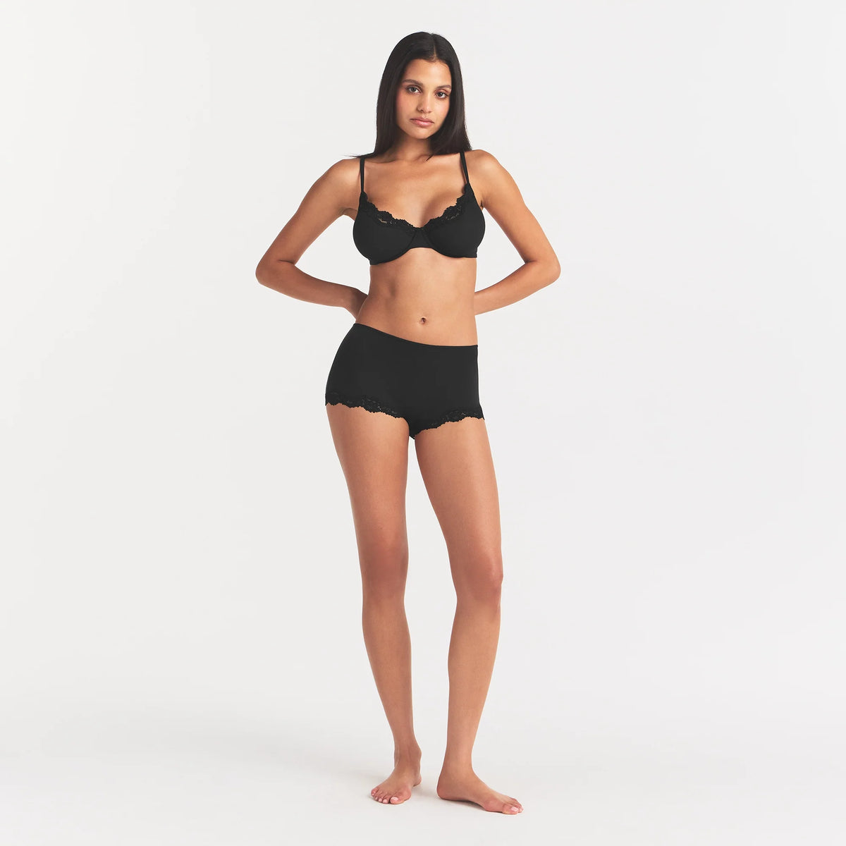 FITS EVERYBODY LACE BOY SHORT | ONYX & LAYS FLAT ON A WHITE BACKGROUND | FOCUS: 0.0, 1.0, 0.9