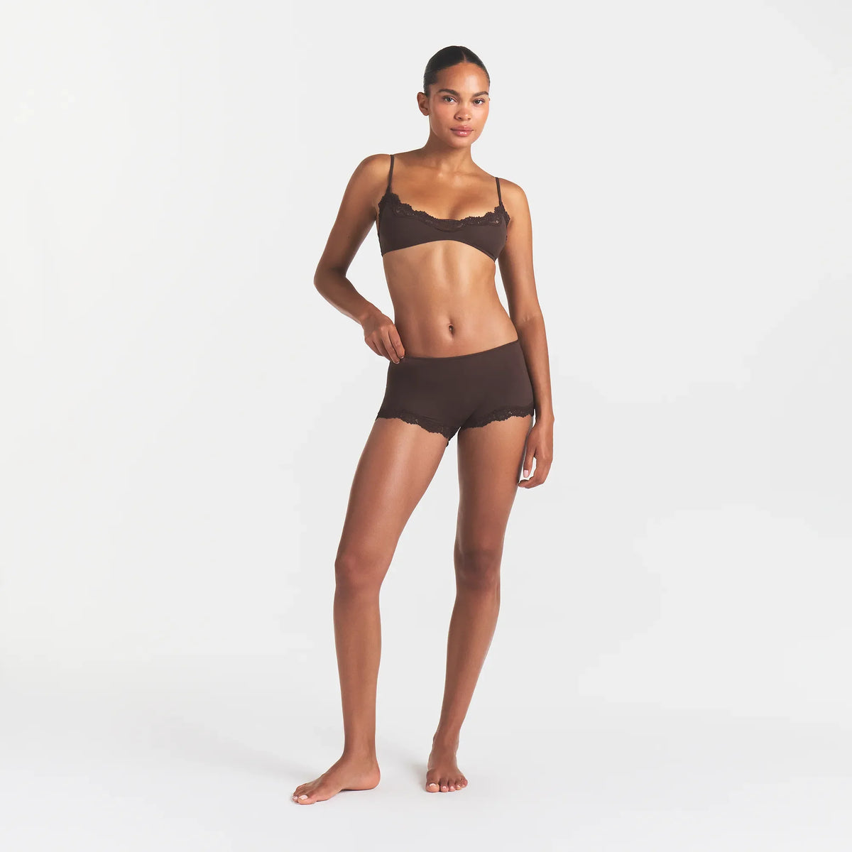 FITS EVERYBODY LACE BOY SHORT | ESPRESSO ON A MODEL FRONT VIEW @ | FOCUS: 0.0, 1.0, 0.9