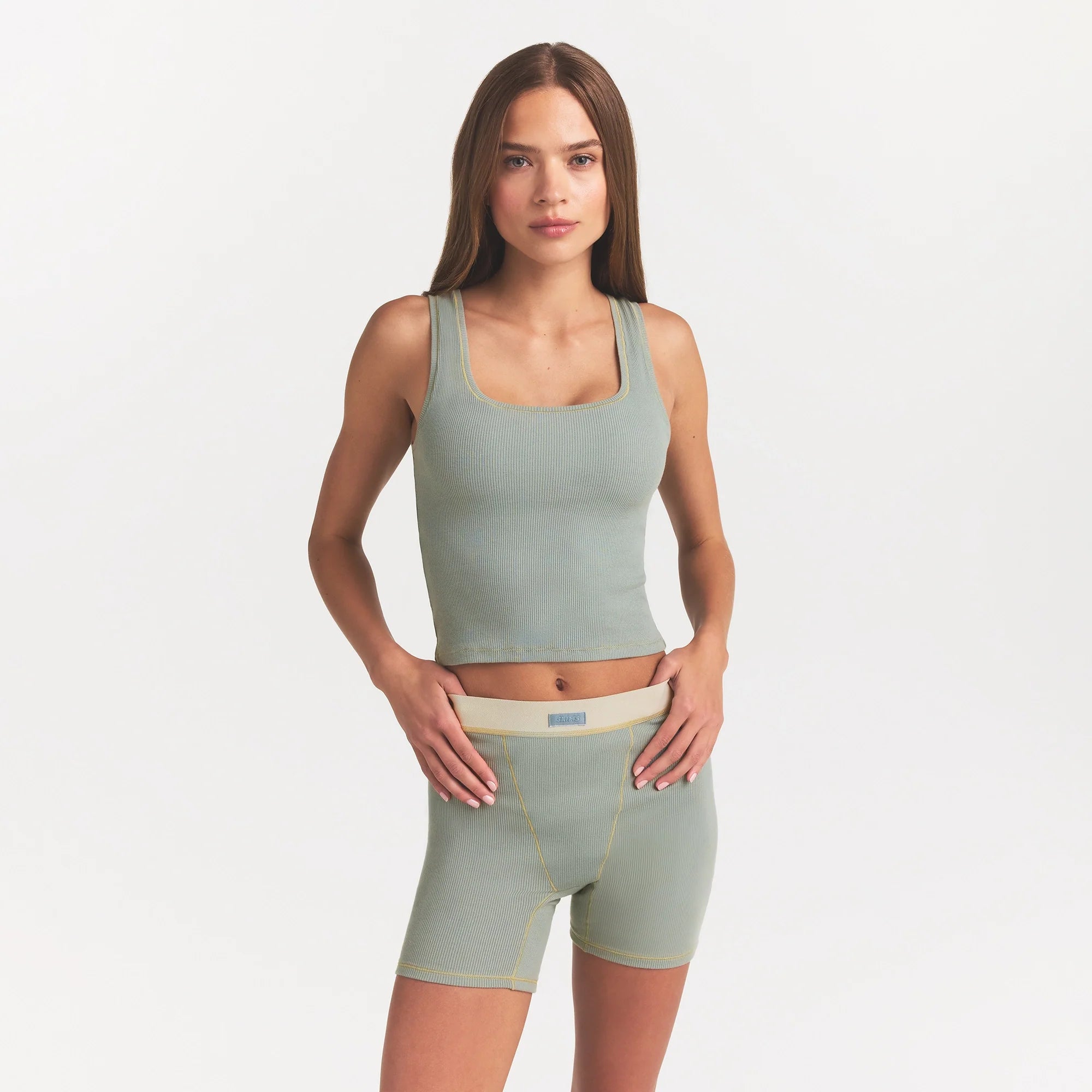 COTTON RIB BOXER | MINERAL ON A MODEL FRONT VIEW