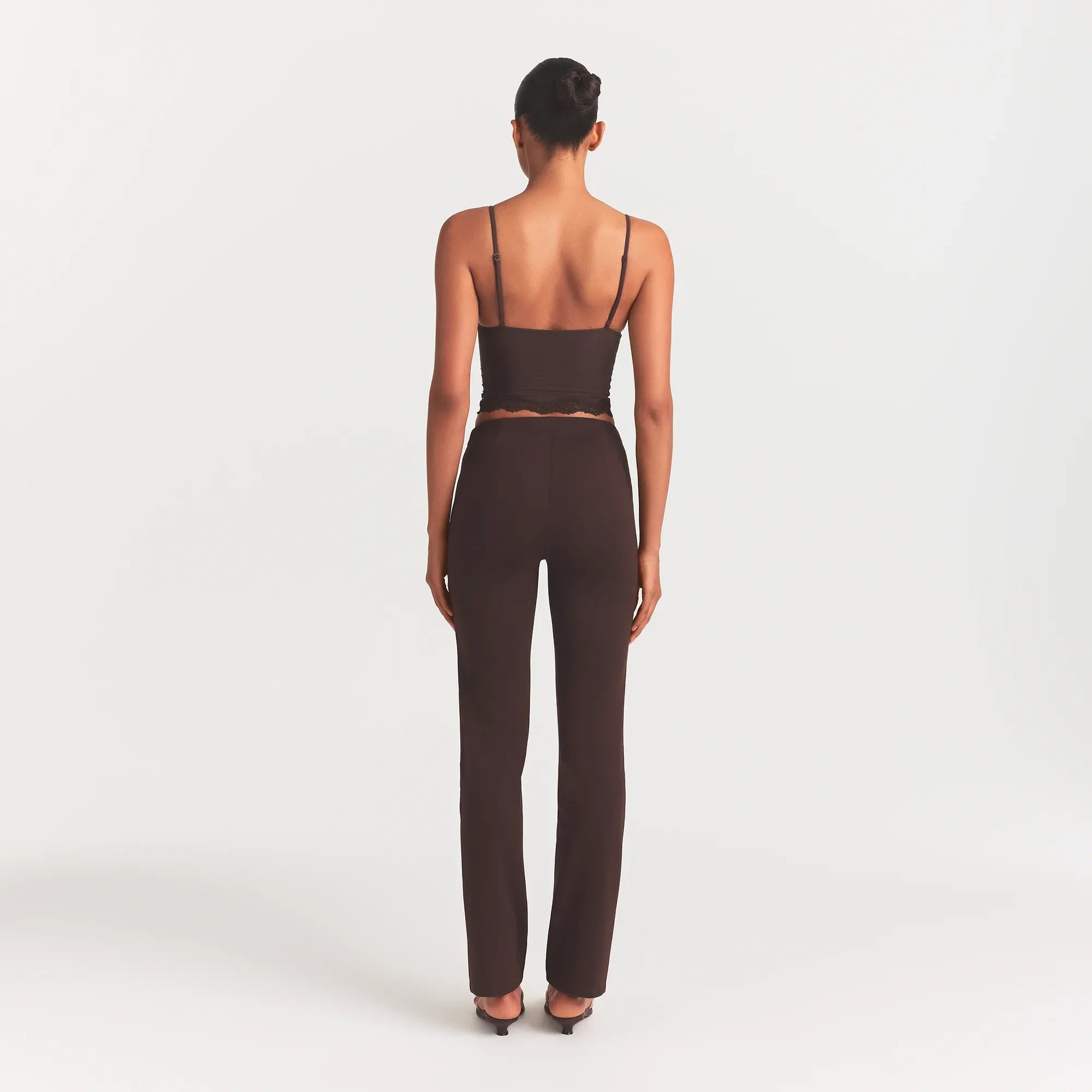 THE ESSENTIAL COLLECTION HIGH-WAISTED PINTUCK STRAIGHT PANT | ESPRESSO ON A MODEL BACK VIEW @ | FOCUS: 0.0, 1.0, 0.9