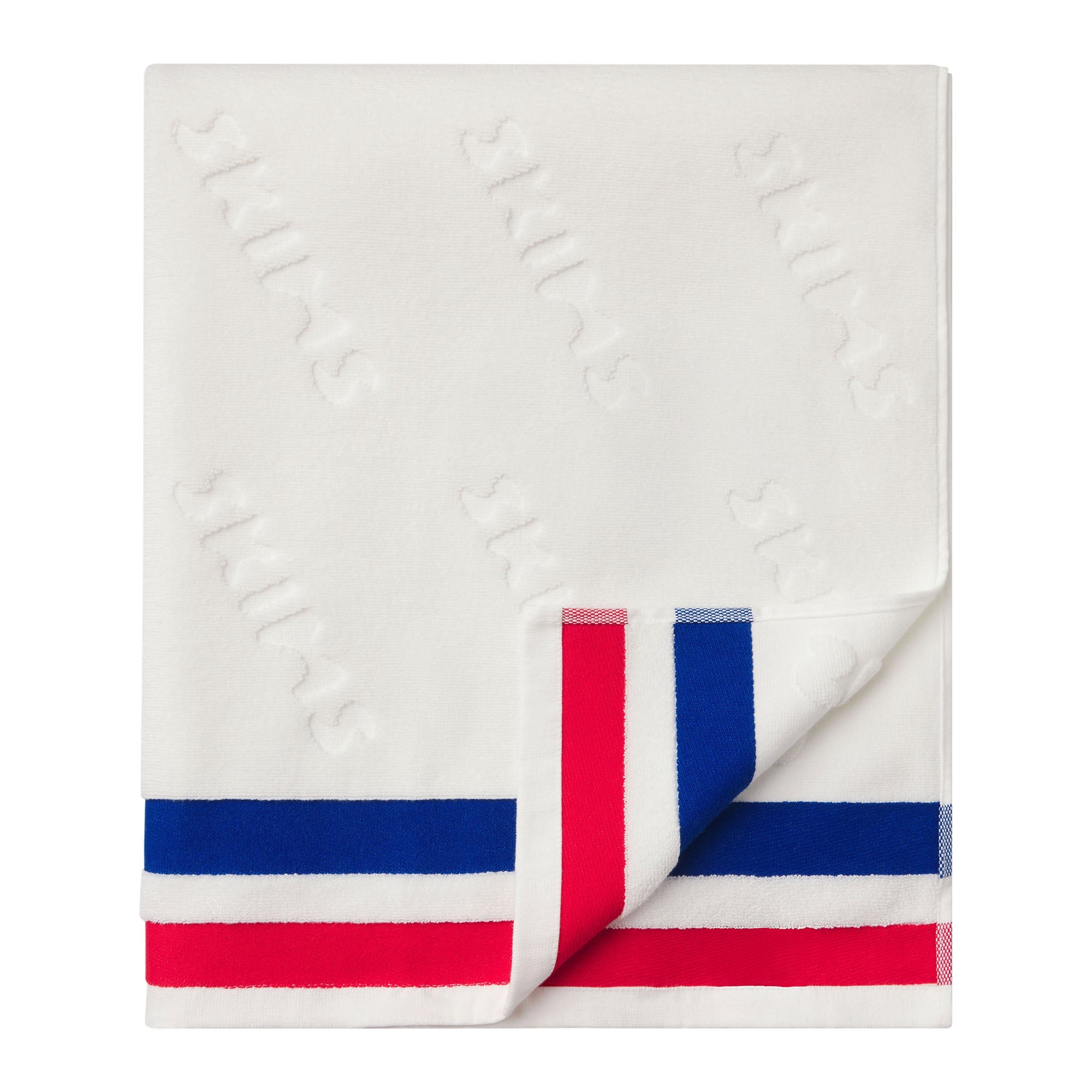 SIGNATURE SWIM STRIPE TERRY TOWEL | CARMINE STRIPE FLAT ON A WHITE BACKGROUND | FLT