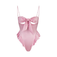 STRETCH SATIN TIE FRONT TEDDY | HALITE LAYS FLAT ON A WHITE BACKGROUND | FLT