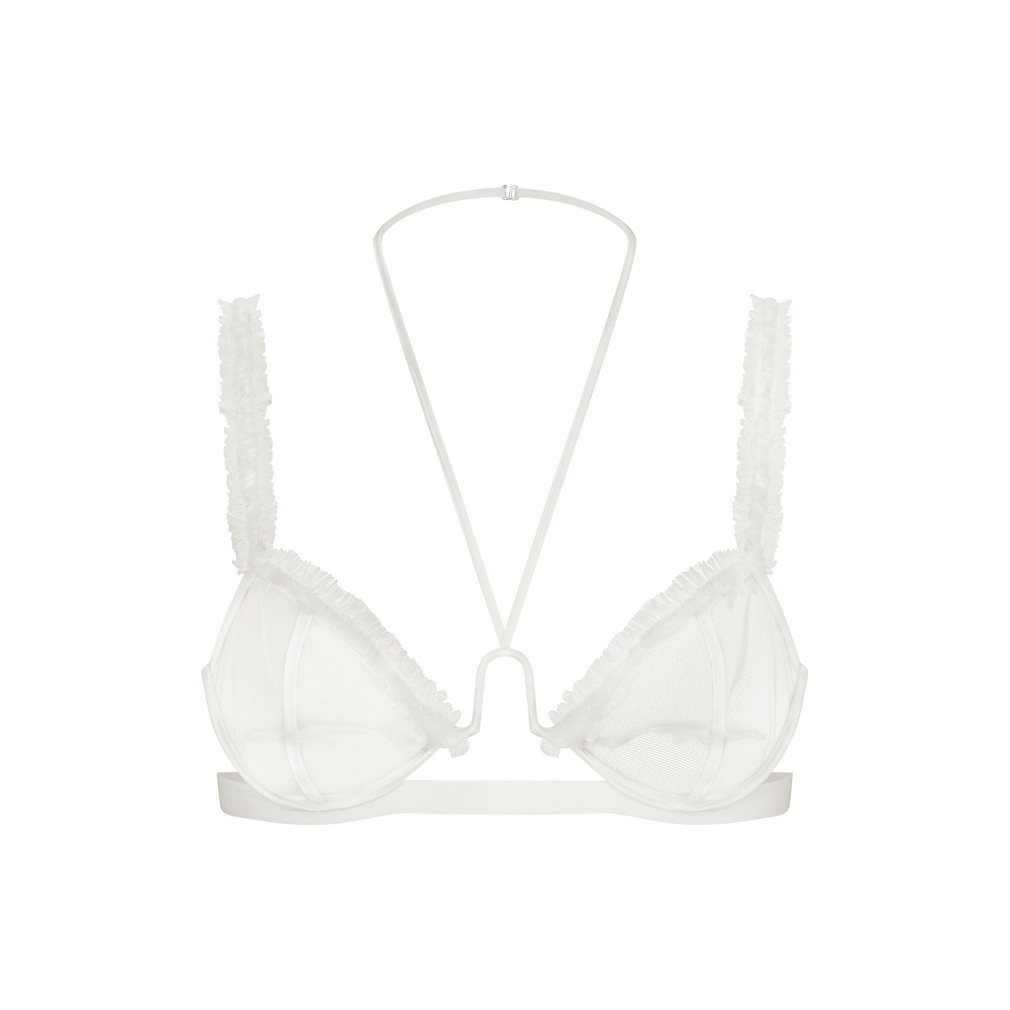 ULTRA FINE MESH RUFFLE BRA | IVORY LAYS FLAT ON A WHITE BACKGROUND | FLT