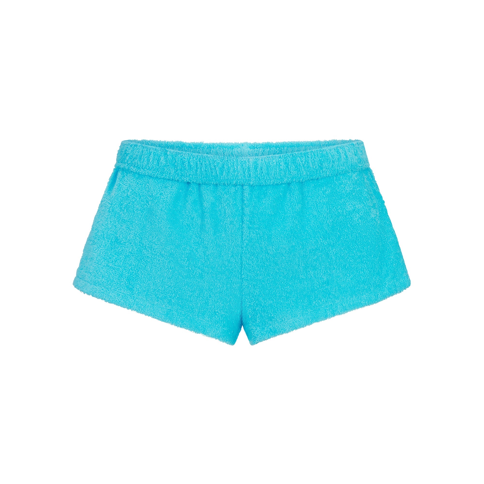 TERRY COVER-UPS FOLDOVER SHORT | CYAN LAYS FLAT ON A WHITE BACKGROUND | FLT