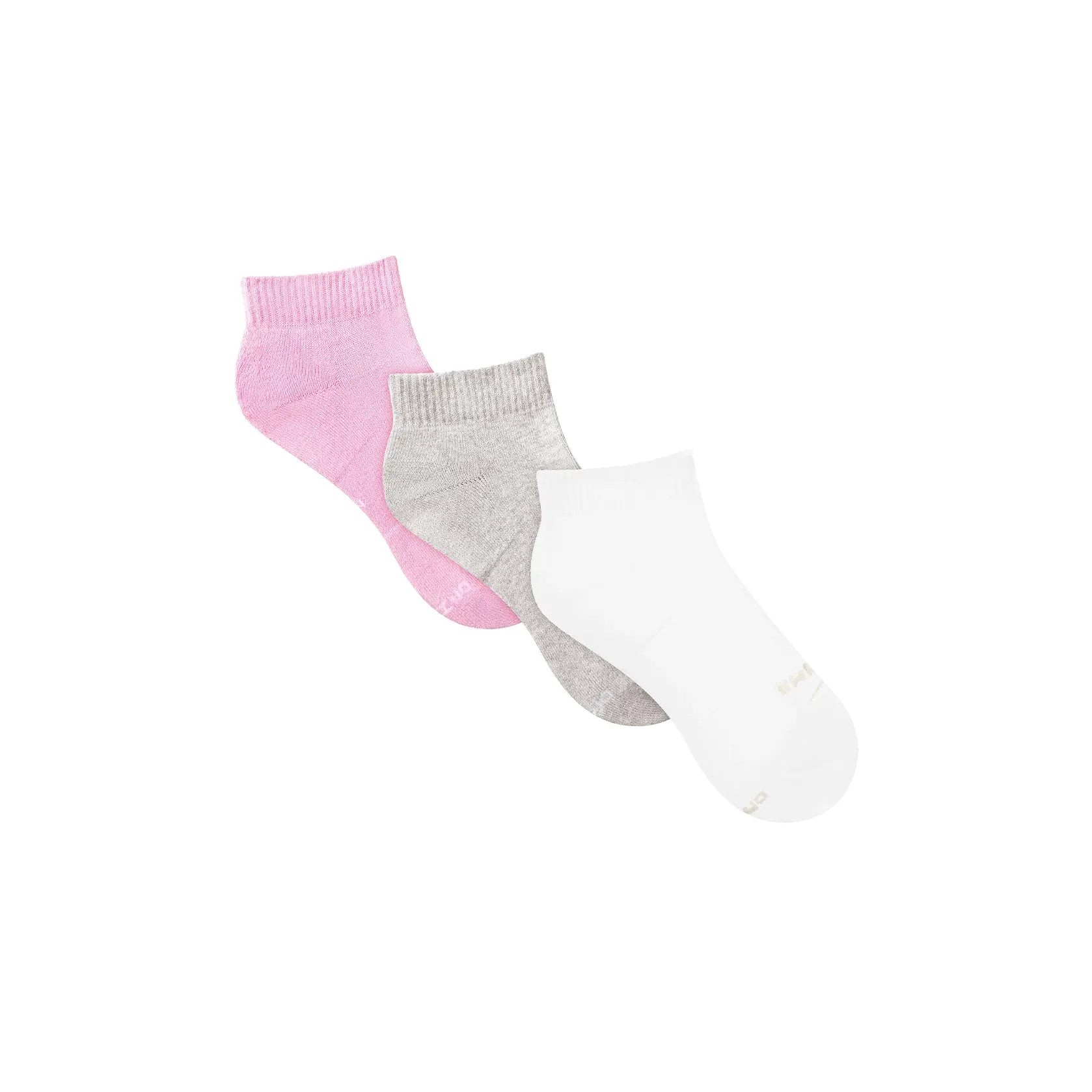 NikeSKIMS ACCESSORIES DRI-FIT ANKLE SOCK 3-PACK | BUBBLE GUM MULTI LAYS FLAT ON A WHITE BACKGROUND  | FLT @ | FOCUS: 0.0, 1.0, 0.9
