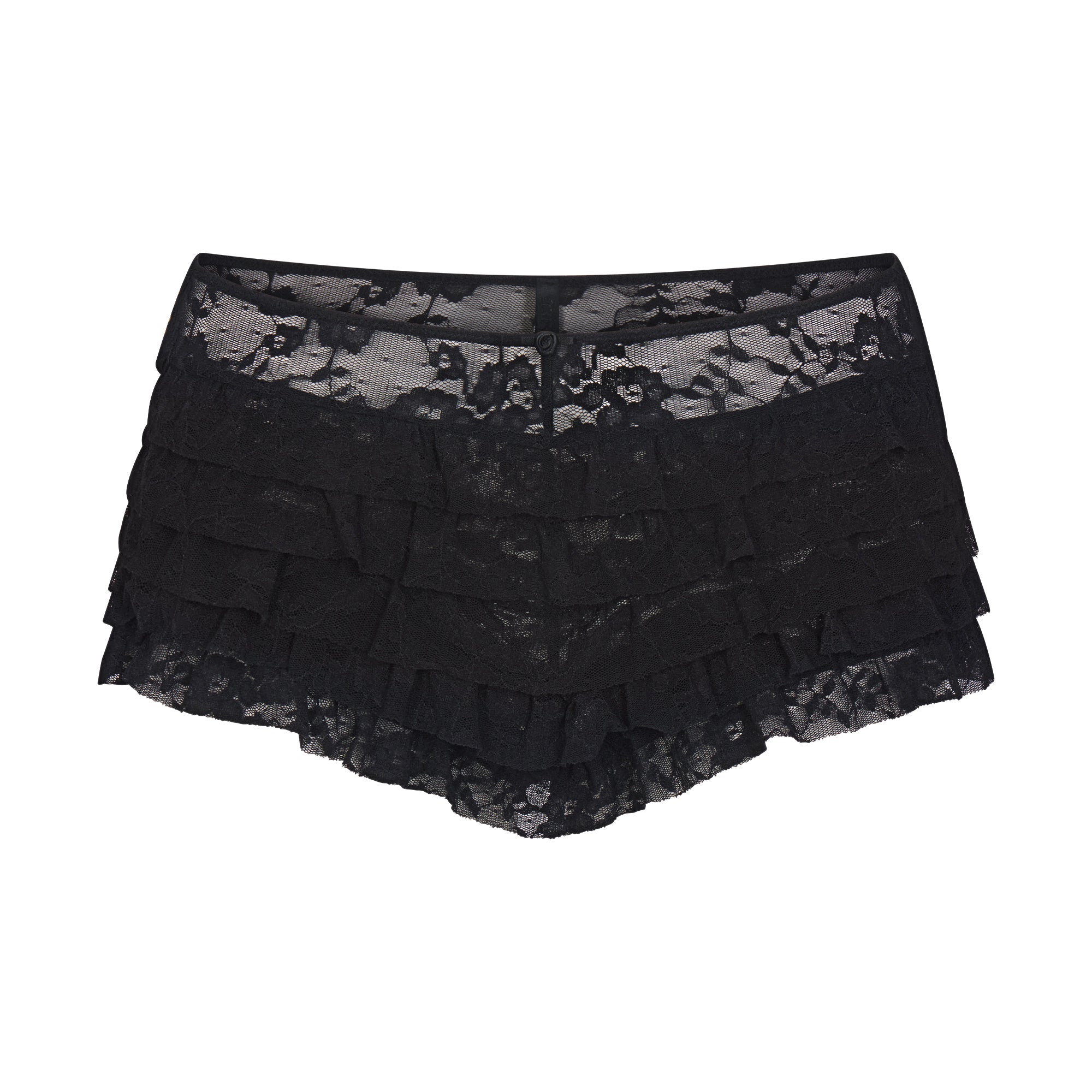 STRETCH LACE RUFFLE SHORT | SOOT FLAT ON A WHITE BACKGROUND | FLT