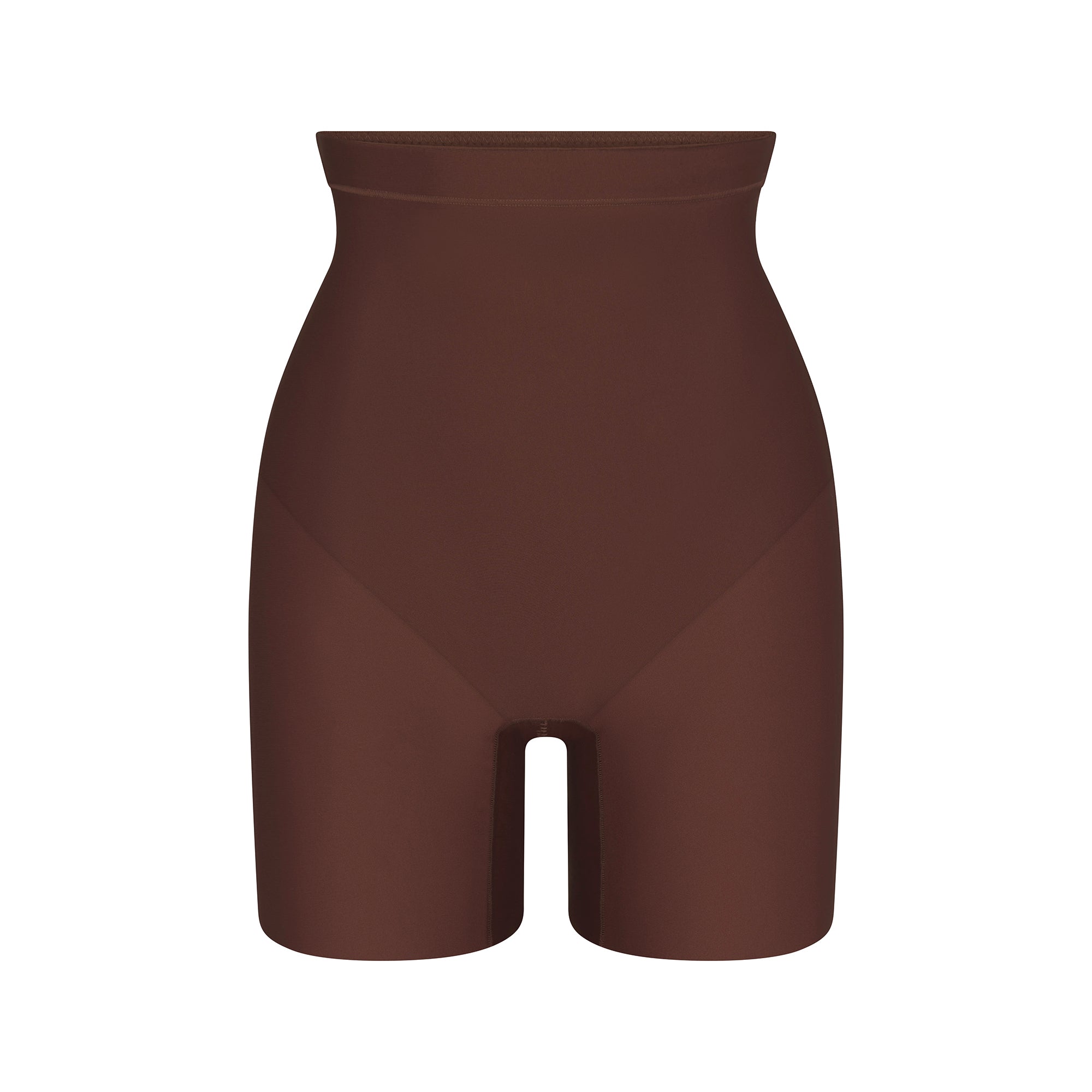 SKIMS BODY CORE SCULPT MID RISE SHORT | COCOA FLAT ON A WHITE BACKGROUND | FLT | FLT