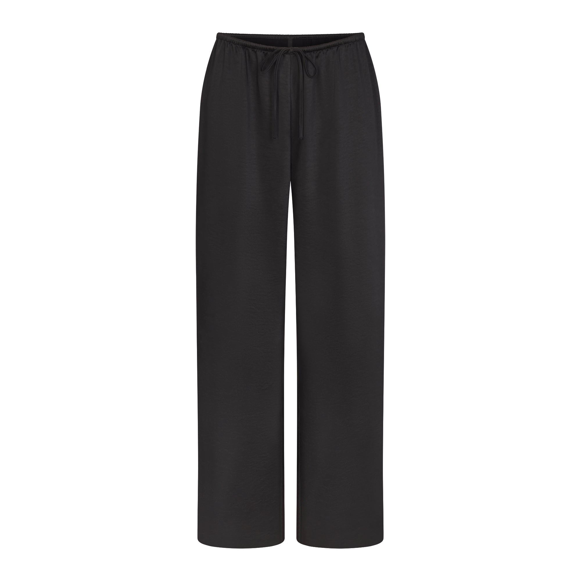 LIGHTWEIGHT SATIN STRAIGHT LEG PANT | OBSIDIAN FLAT ON A WHITE BACKGROUND | FLT