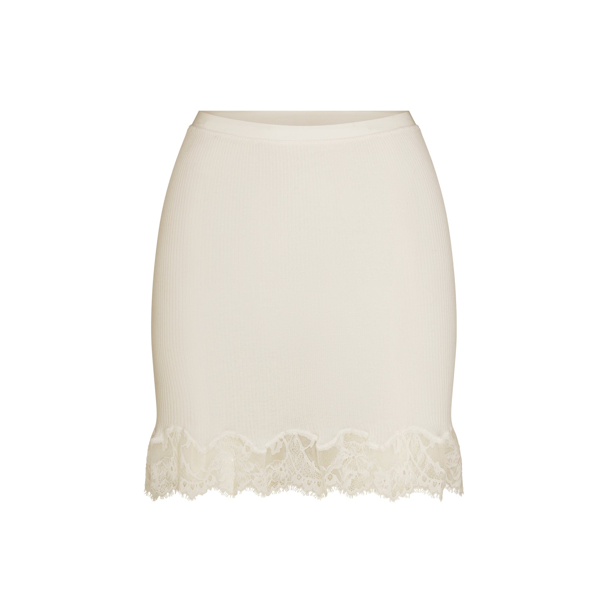 RIB KNIT LACE MINI SKIRT | EGRET FLAT ON A WHITE BACKGROUND | FLT