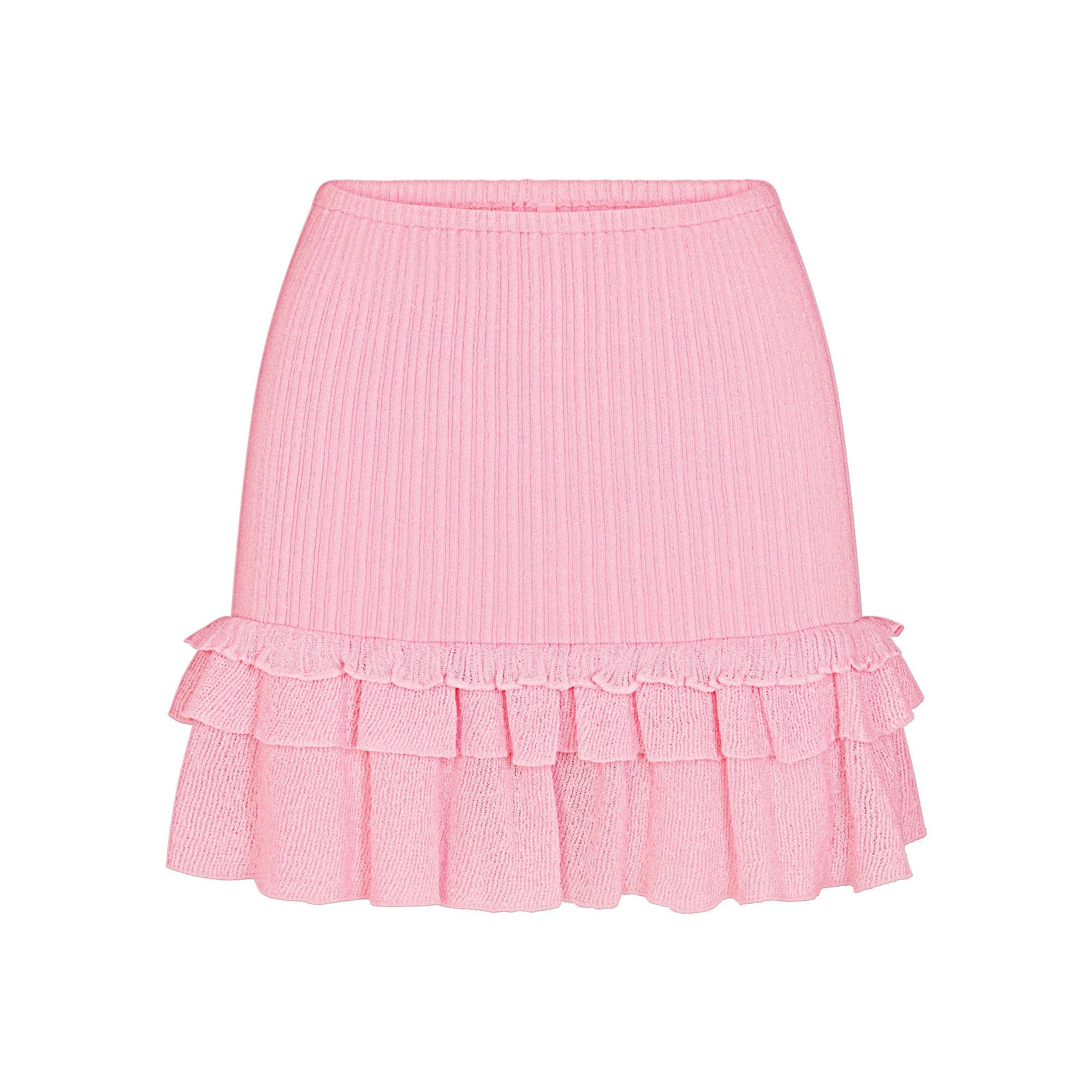SHEER KNIT RUFFLE MINI SKIRT | PEONY FLAT ON A WHITE BACKGROUND | FLT