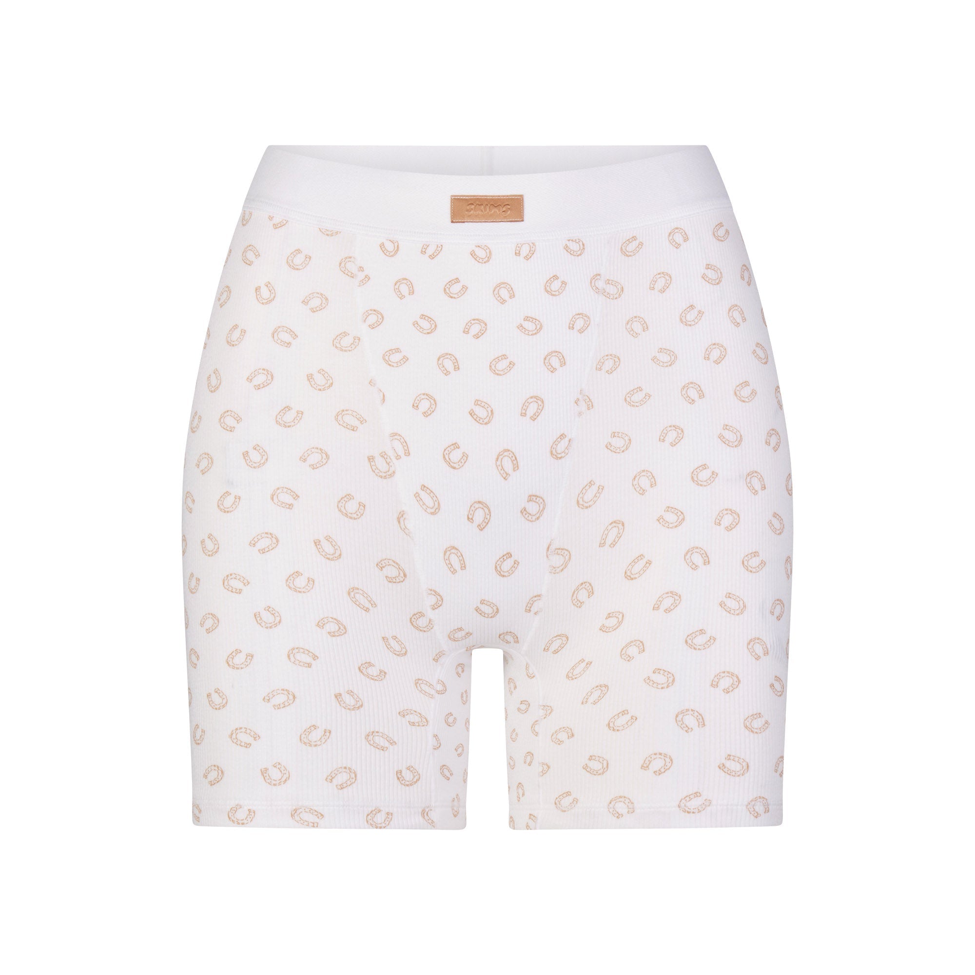 COTTON RIB BOXER | OCHRE HORSESHOE PRINT FLAT ON A WHITE BACKGROUND | FLT