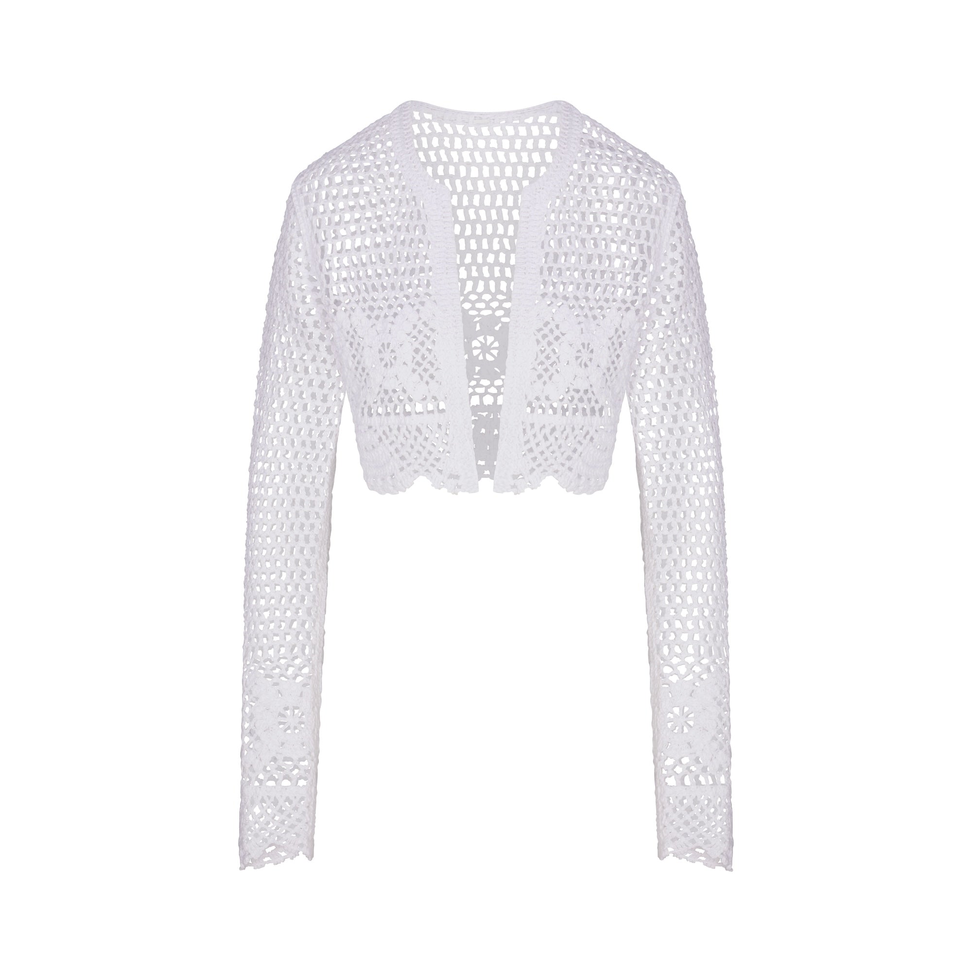 CROCHET COVER-UPS CROPPED CARDIGAN | SNOW FLAT ON A WHITE BACKGROUND | FLT