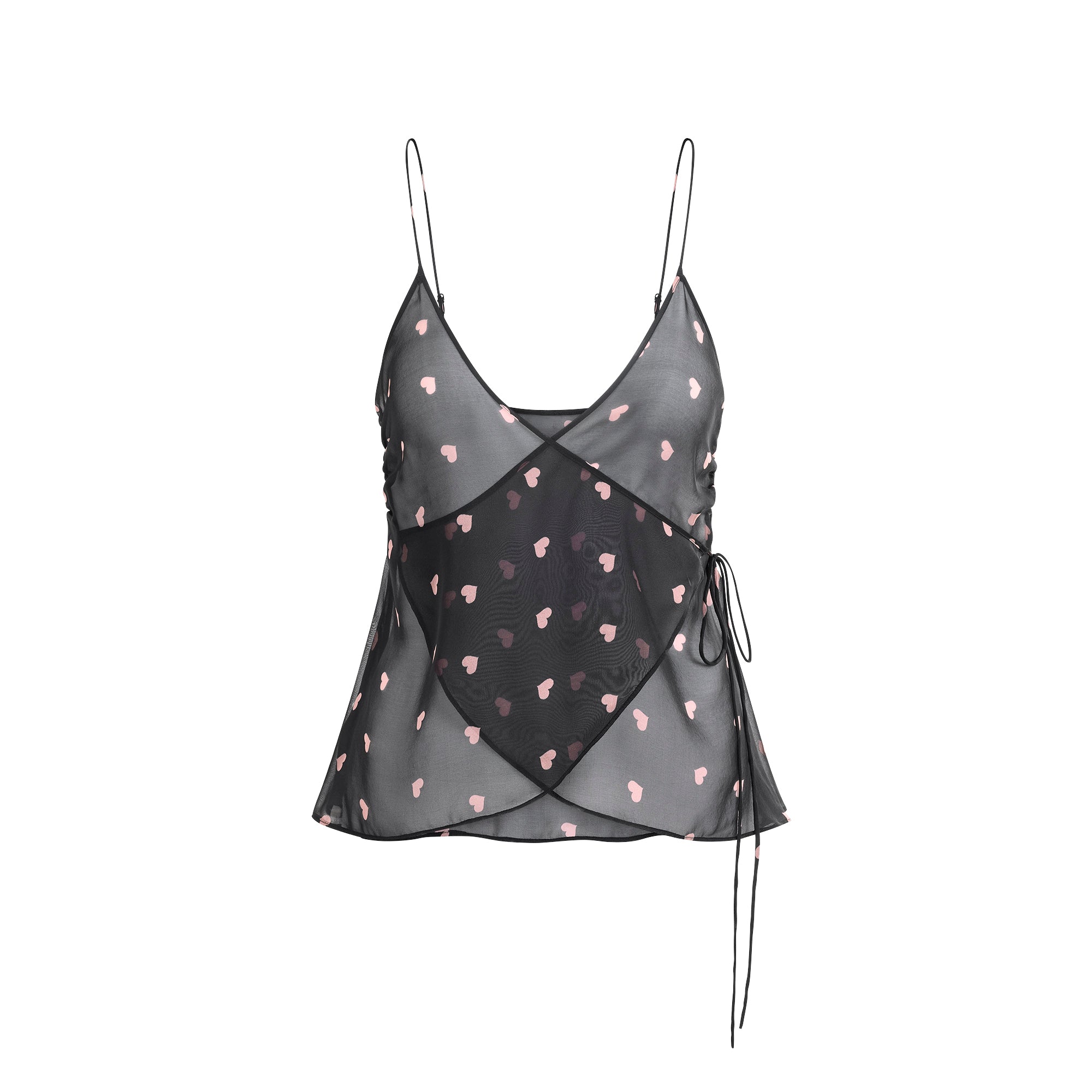 SKIMS ROMANCE WRAP CAMI TOP | OBSIDIAN SPACED HEARTS FLAT ON A WHITE BACKGROUND | FLT