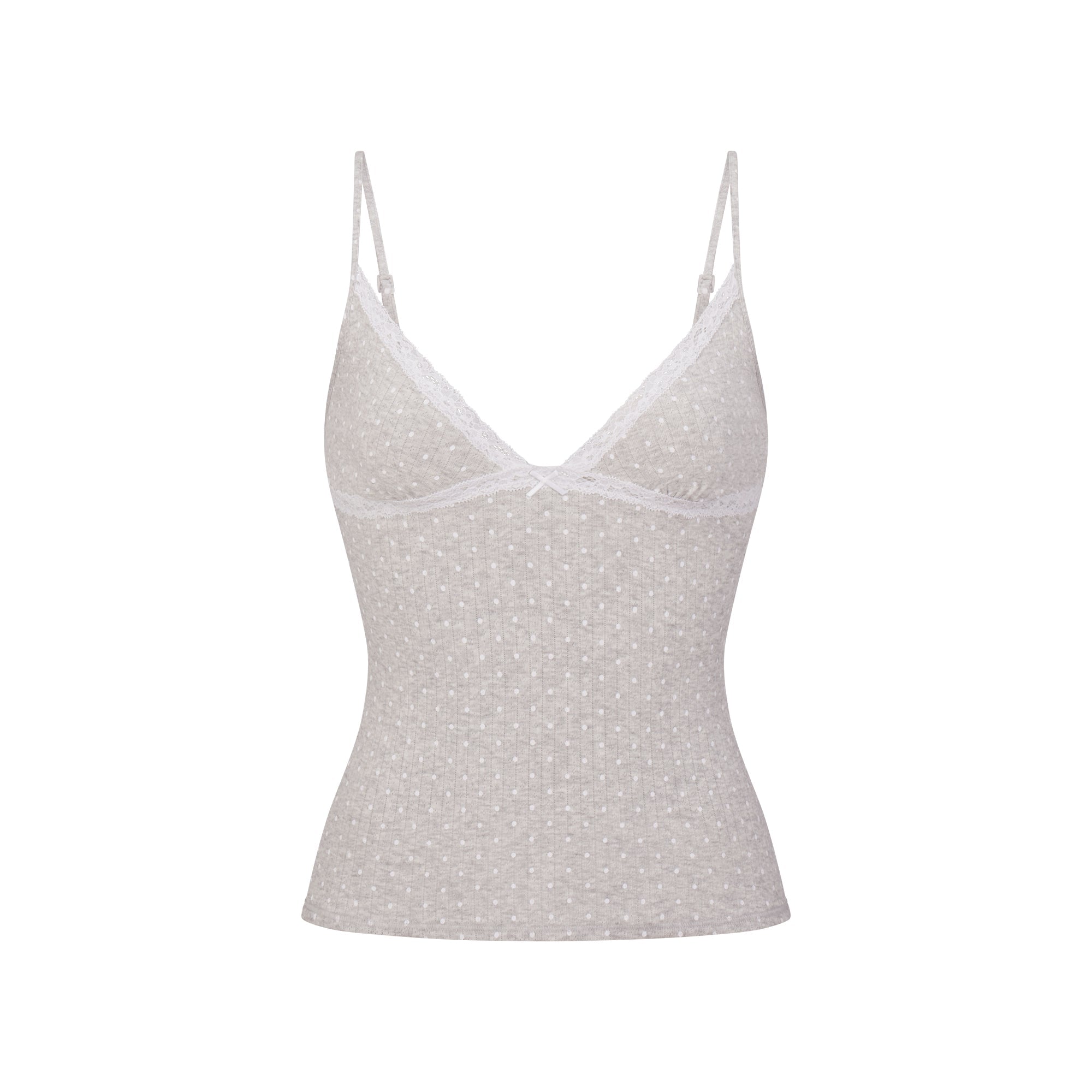 LIGHTWEIGHT COTTON POINTELLE LACE CAMI AND BOY SHORT SET | LIGHT HEATHER GREY PIN DOT FLAT ON A WHITE BACKGROUND | FLT | FOCUS: 0.0, 1.0, 0.9