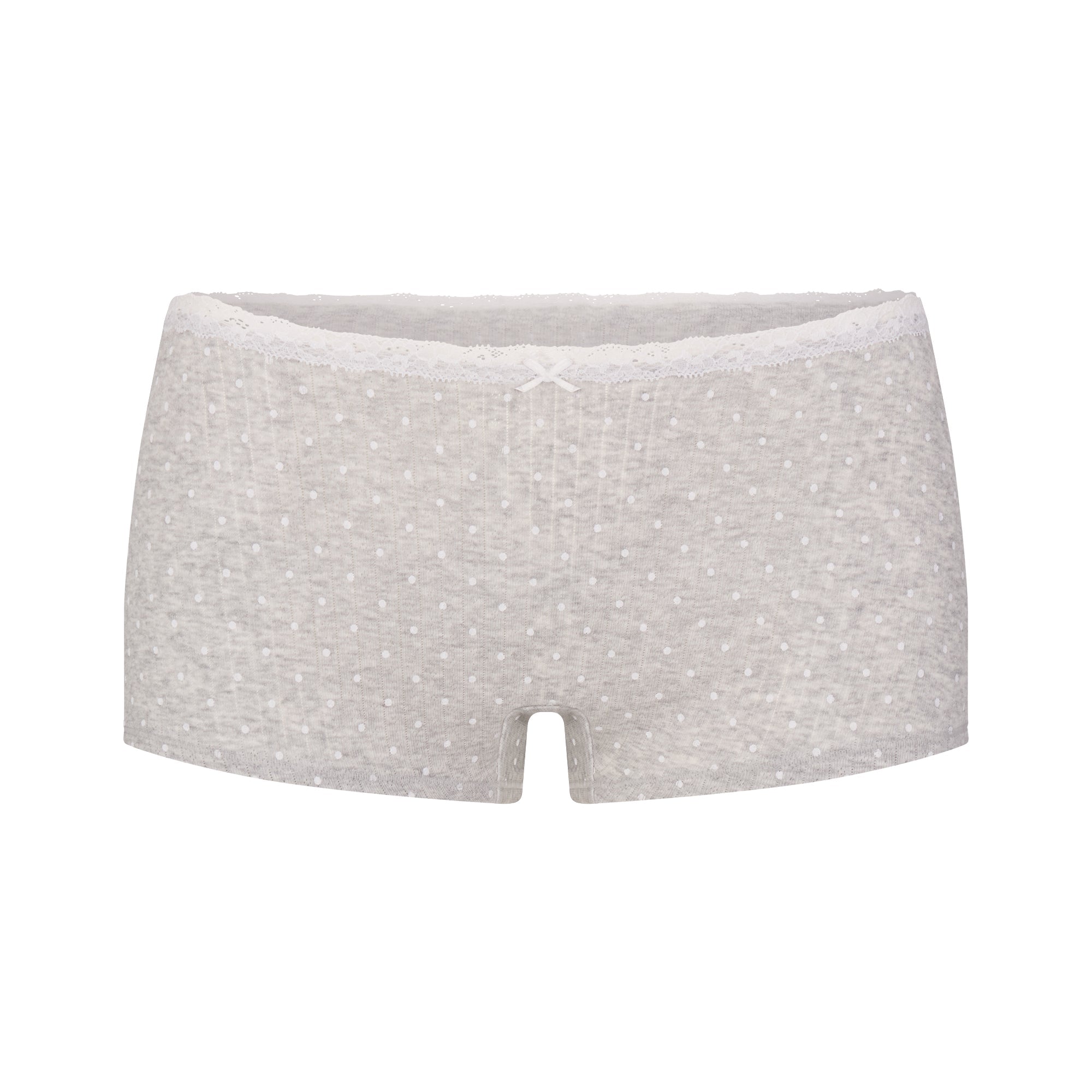 LIGHTWEIGHT COTTON POINTELLE LACE CAMI AND BOY SHORT SET | LIGHT HEATHER GREY PIN DOT FLAT ON A WHITE BACKGROUND | FOCUS: 0.0, 1.0, 0.9