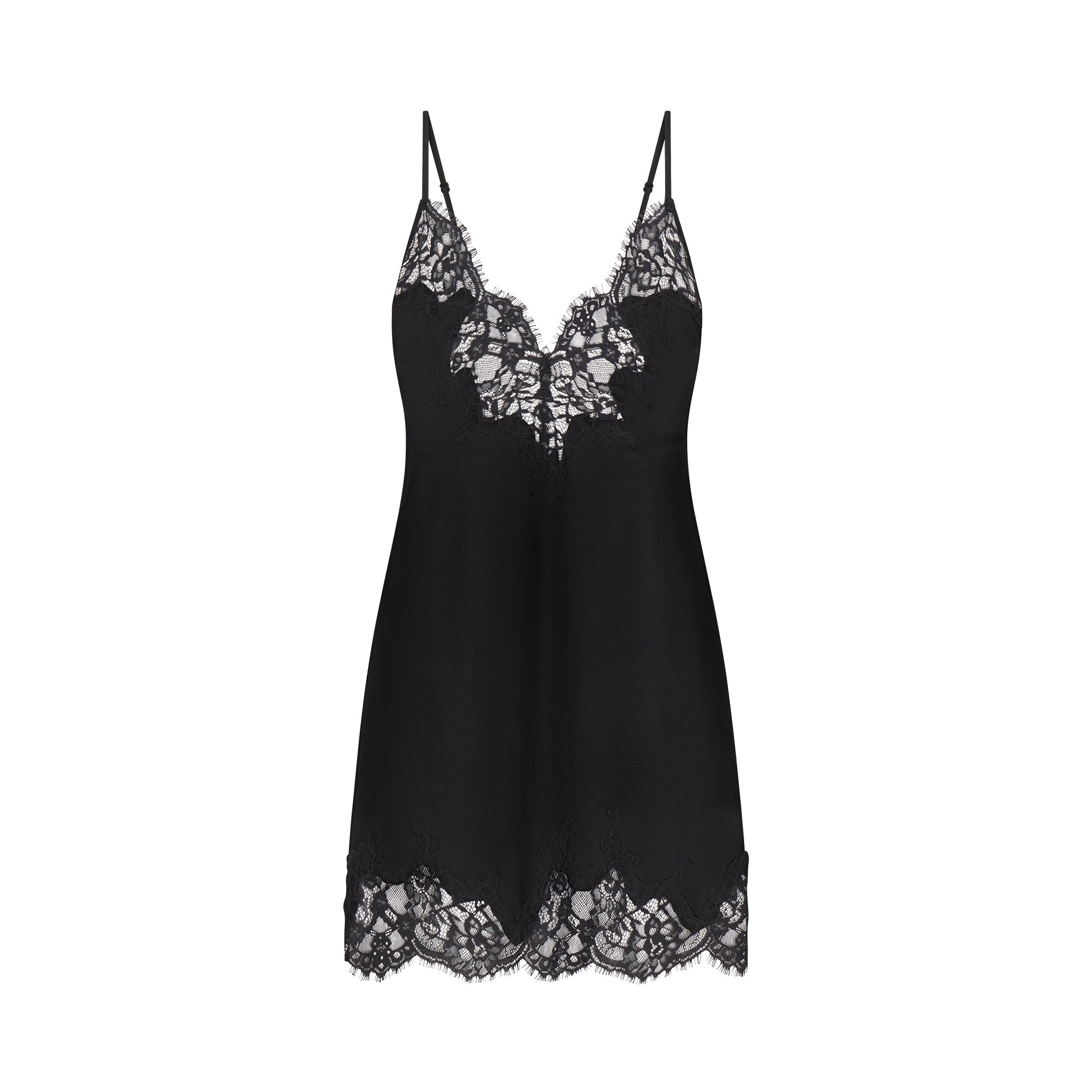 SILK LACE MINI SLIP DRESS | ONYX FLAT ON A WHITE BACKGROUND | FLT
