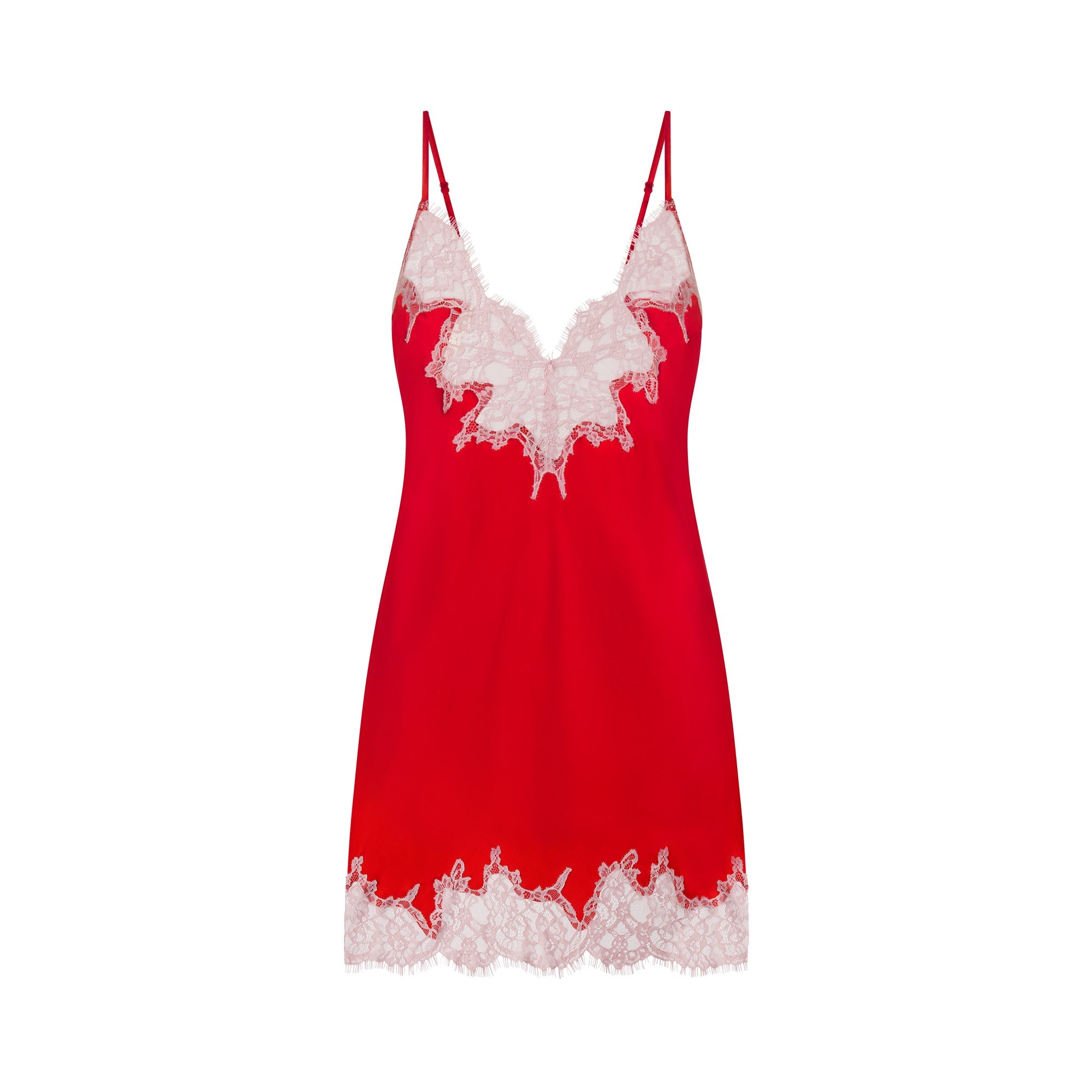 SILK LACE MINI SLIP DRESS | RUBY CONTRAST FLAT ON A WHITE BACKGROUND | FLT