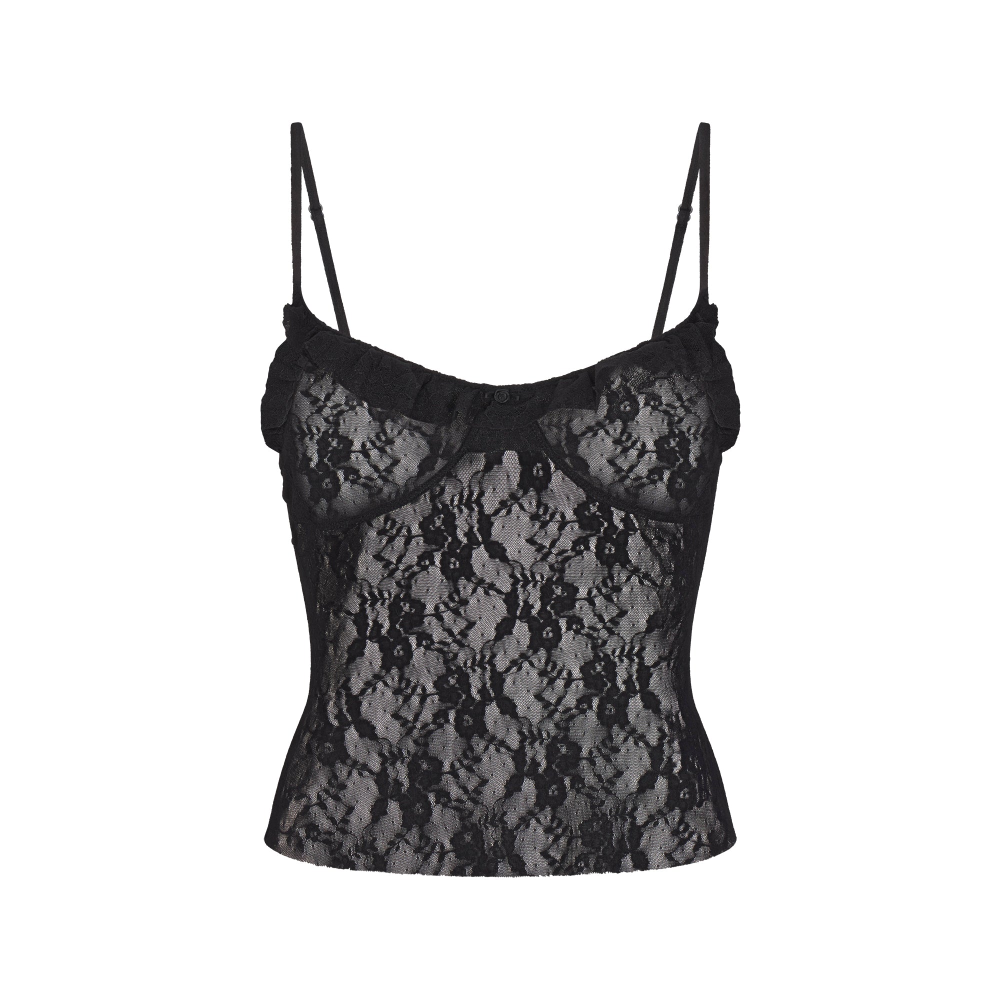 STRETCH LACE RUFFLE CAMI | SOOT FLAT ON A WHITE BACKGROUND | FLT