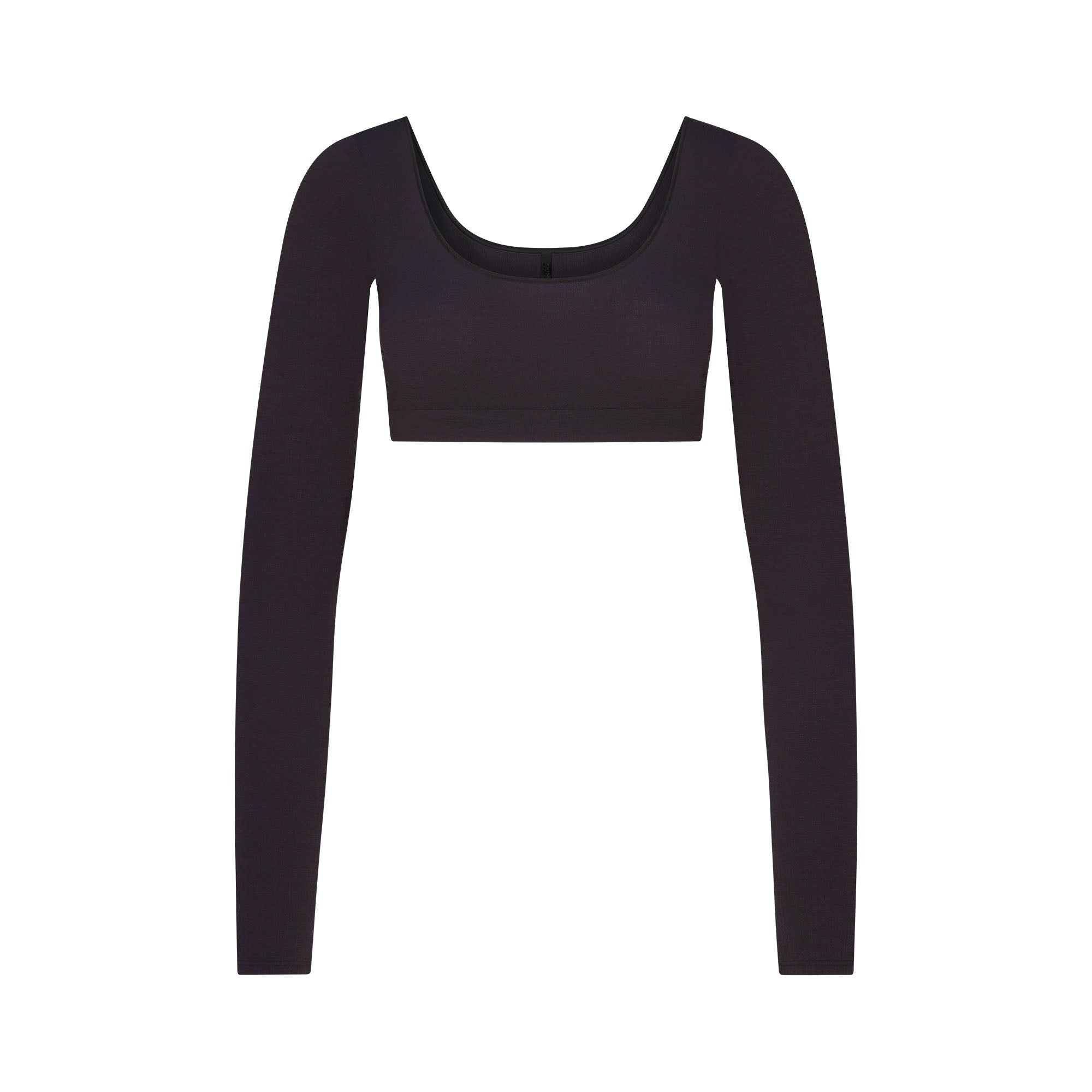 WOOL RIB LONG SLEEVE SUPER CROPPED TOP | OBSIDIAN FLAT ON A WHITE BACKGROUND | FLT