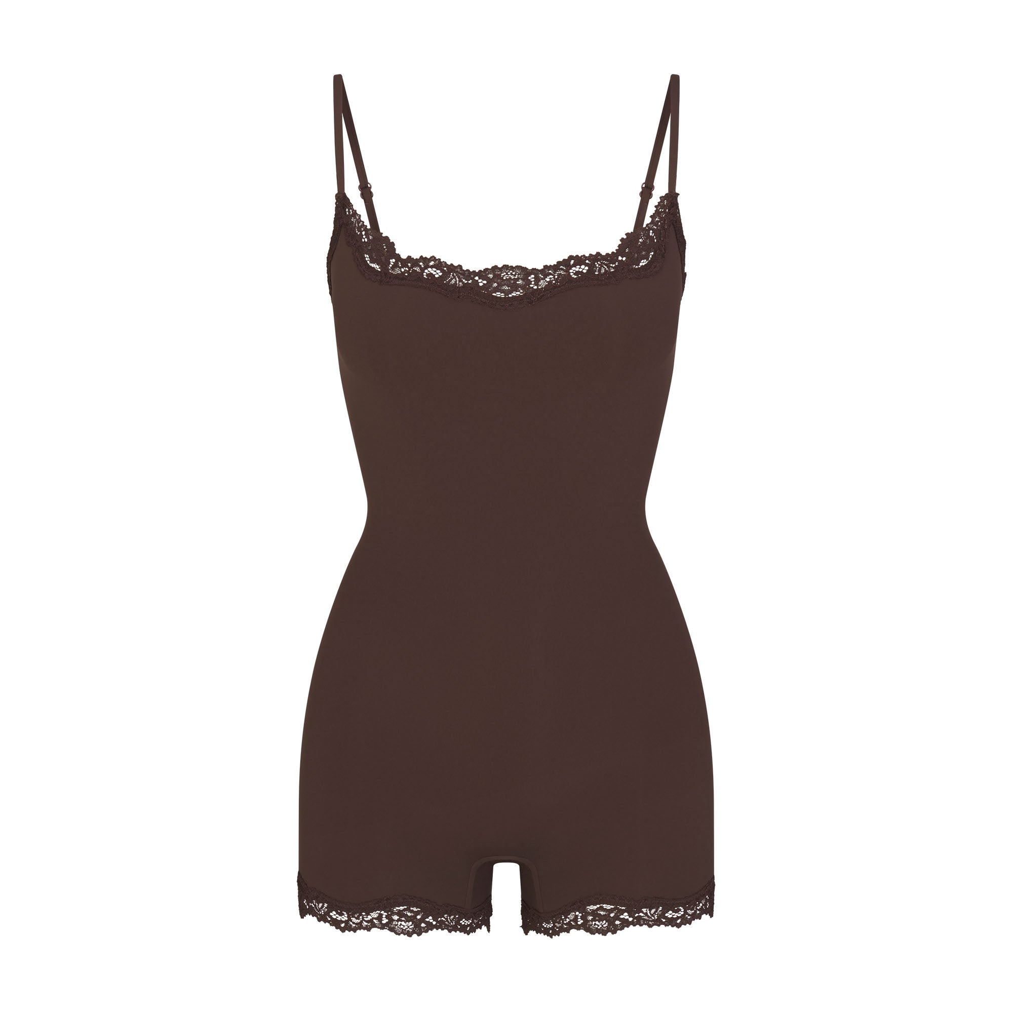 FITS EVERYBODY LACE ONESIE | ESPRESSO FLAT ON A WHITE BACKGROUND | FLT