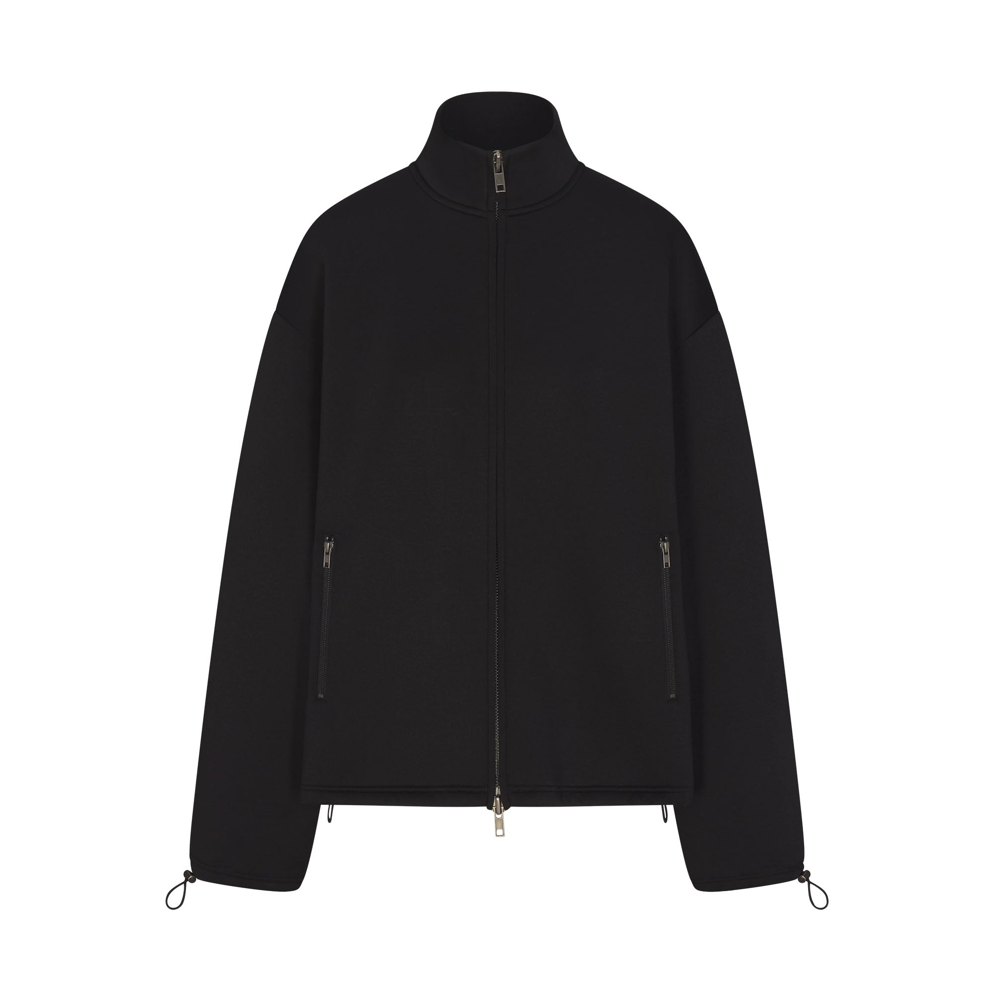 NEOPRENE OUTERWEAR OVERSIZED MOCK NECK JACKET | OBSIDIAN LAYS FLAT ON A WHITE BACKGROUND | FLT