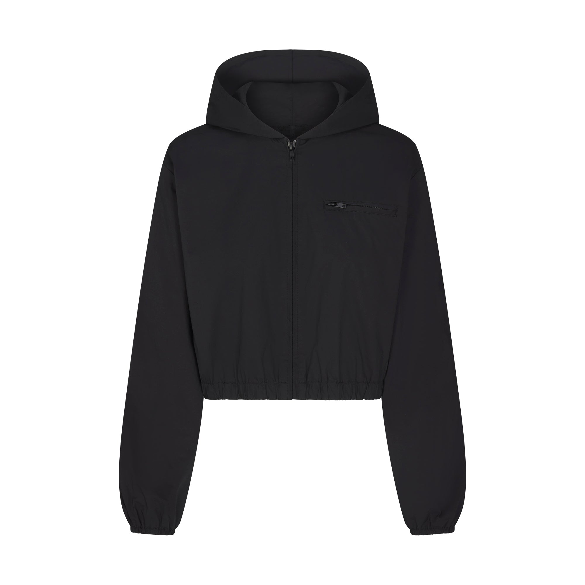 WOVEN COTTON CROPPED ZIP UP JACKET | ONYX FLAT ON A WHITE BACKGROUND | FLT
