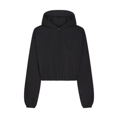 WOVEN COTTON CROPPED ZIP UP JACKET | ONYX FLAT ON A WHITE BACKGROUND | FLT