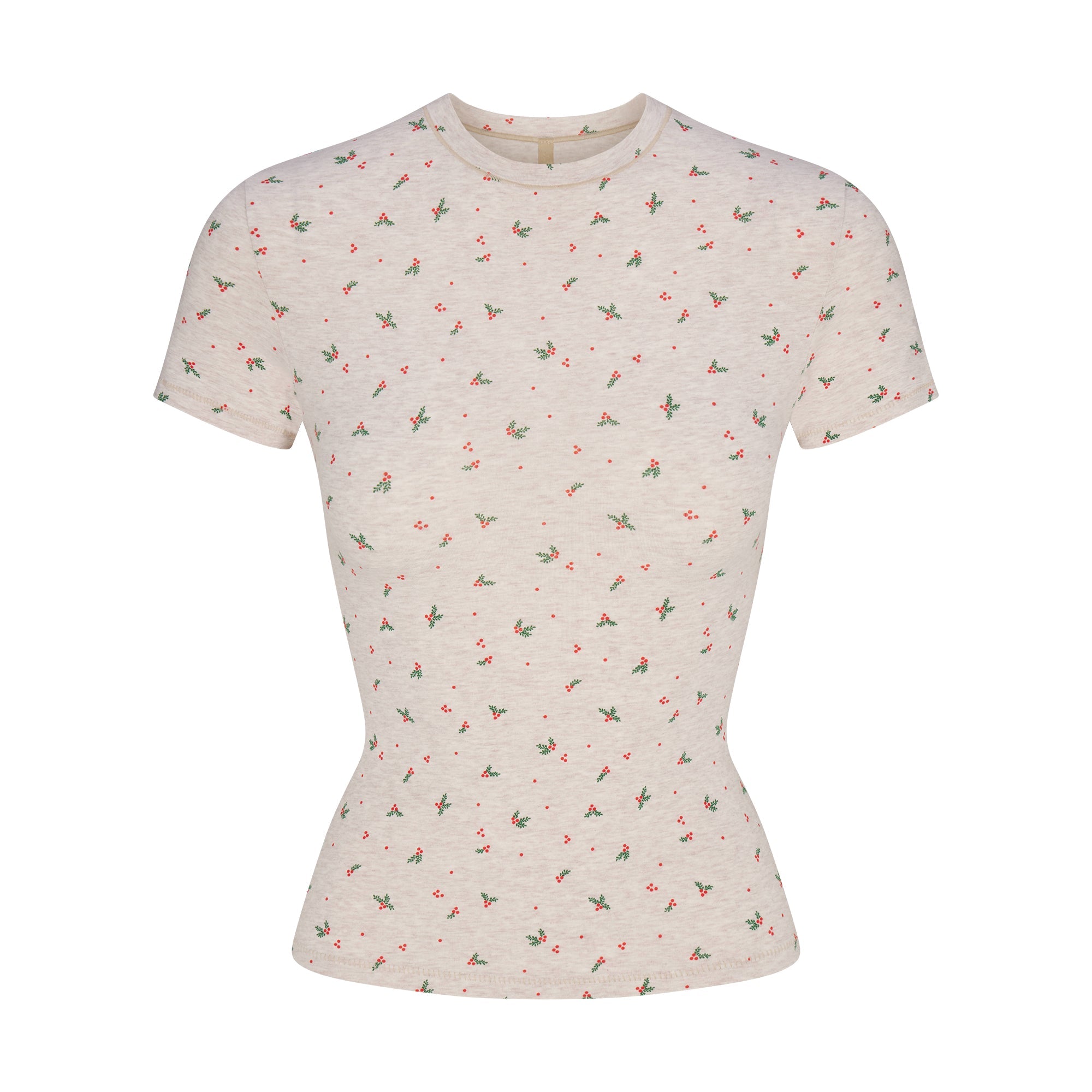 COTTON JERSEY T-SHIRT | OATMEAL HEATHER HOLLY PRINT FLAT ON A WHITE BACKGROUND | FLT