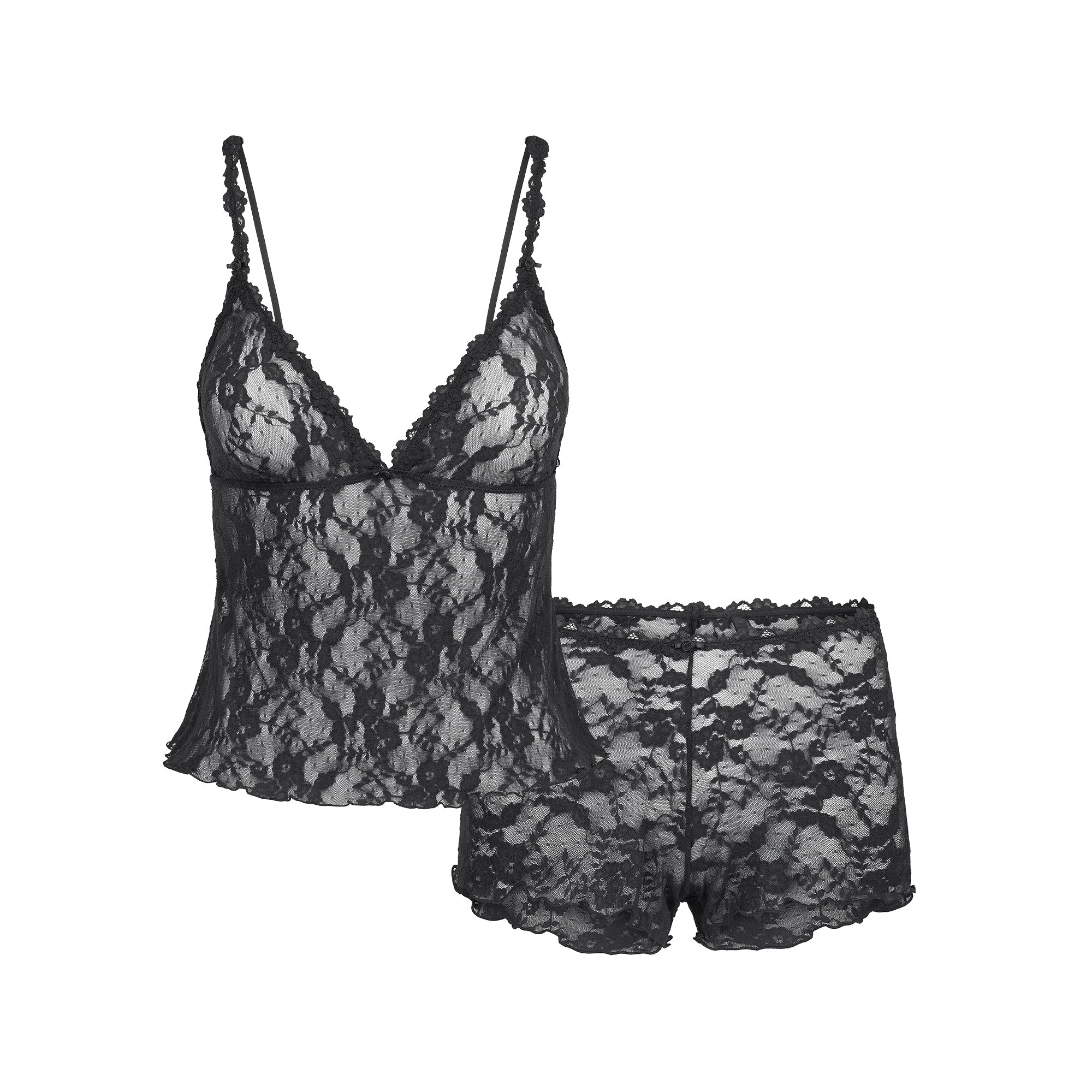 STRETCH LACE TRIANGLE CAMI AND SHORT SET | SOOT FLAT ON A WHITE BACKGROUND | FLT