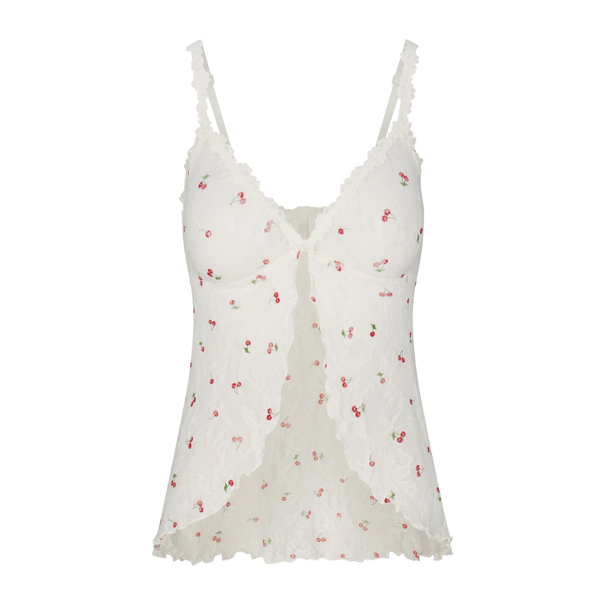STRETCH LACE BABYDOLL TOP | IVORY CHERRY PRINT FLAT ON A WHITE BACKGROUND | FLT